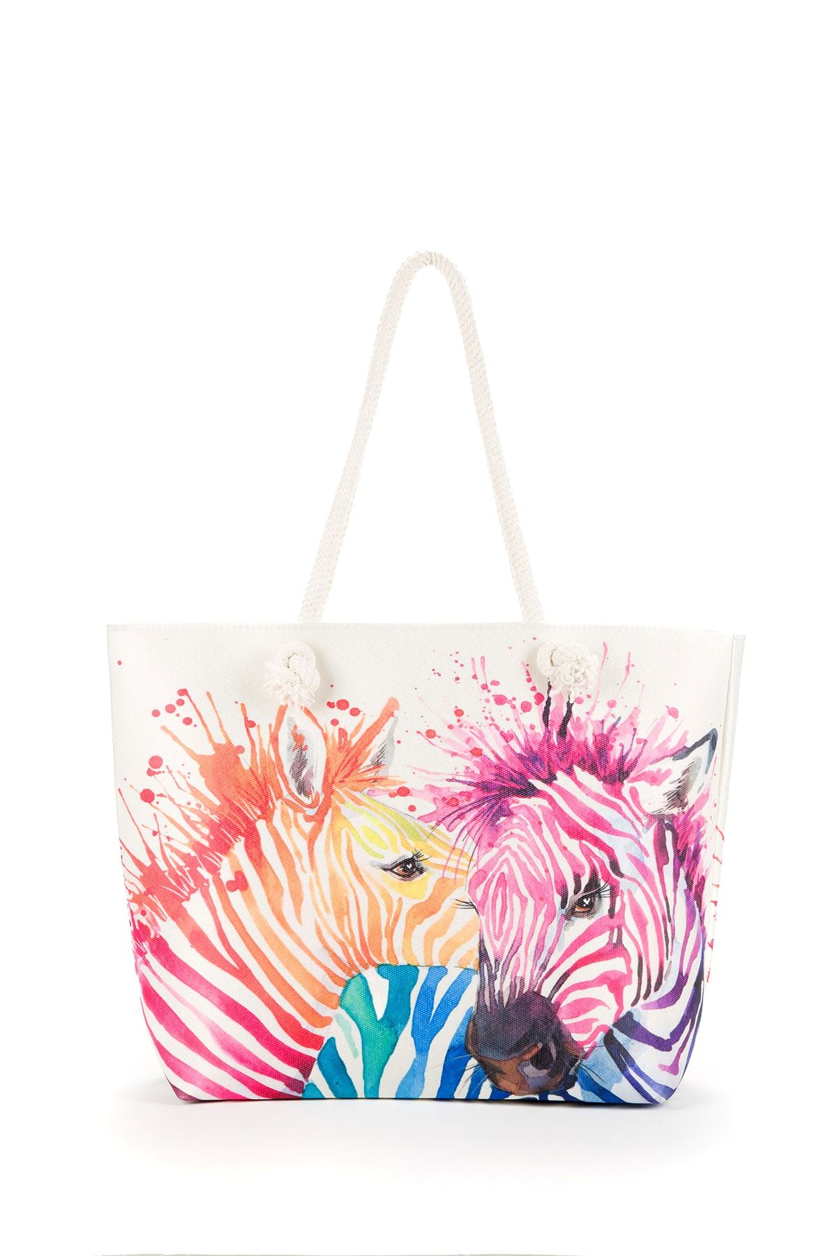 BAGzy Renkli Zebra Desenli Fermuarlı Ip Askılı Kadın Plaj Çantası
