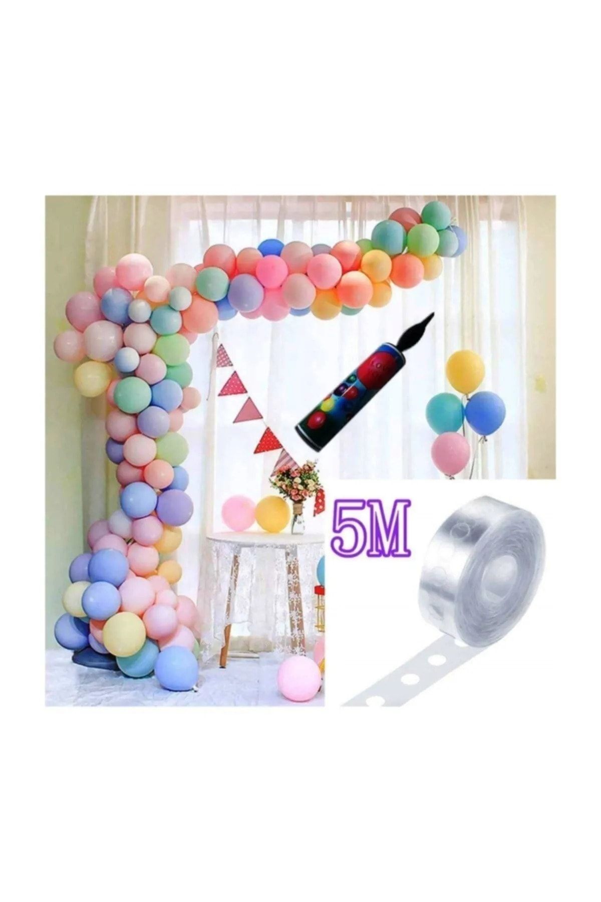 Renkli Parti Makaron Balonlu Zincir Balon Seti 100 Adet Balon Karışık Renk +5 Mt Zincir Aparatı + Balon Pompası