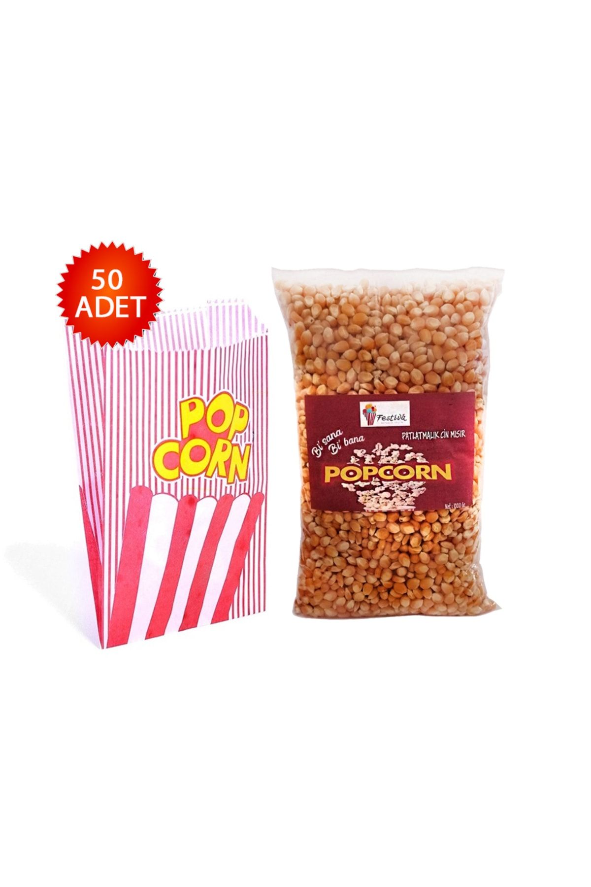 Festiva Evde Popcorn Aile Seti 1kg Patlatmalık Cin Mısır , 50 Adet Küçük Kese Kağıdı