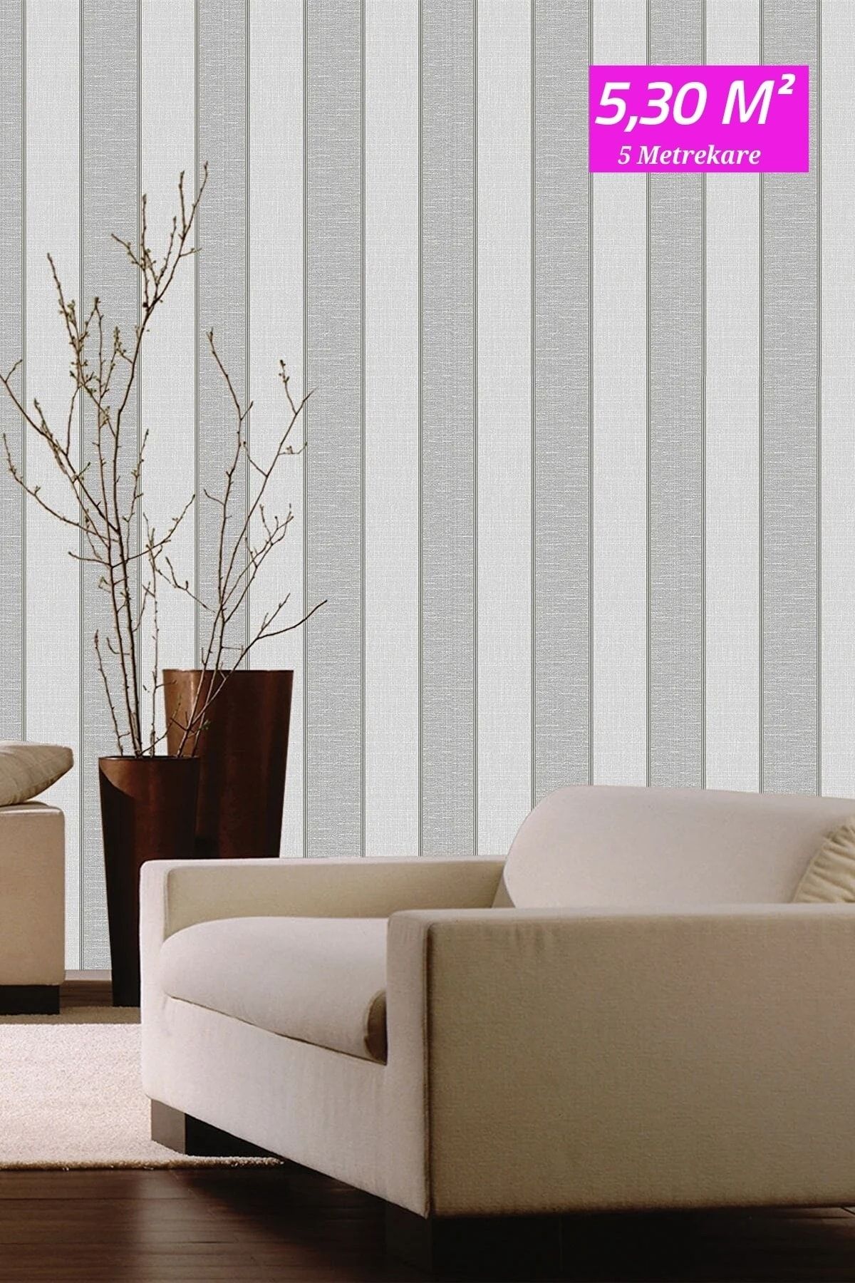 Bien Home Exclusıve 5353 Popüler Soft Gri Krem Kalın Çizgili Lüx Duvar Kağıdı 5,30 M²