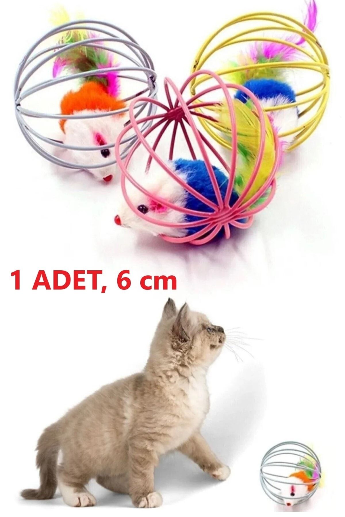 optana 6 Cm Renkli Metal Kafesli Peluş Fareli Kedi Köpek Oyuncağı Oyun Topu Kedi Oyun Faresi Kedi Eğitim