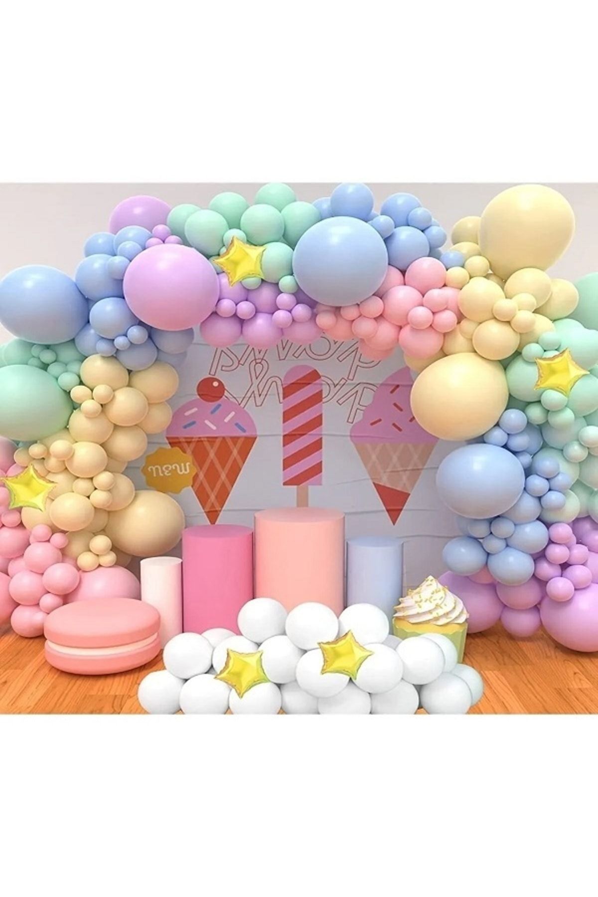 Renkli Parti Makaron Balonlu Zincir Balon Seti 50 Adet Balon Karışık Renk + 5 Mt Zincir Aparatı