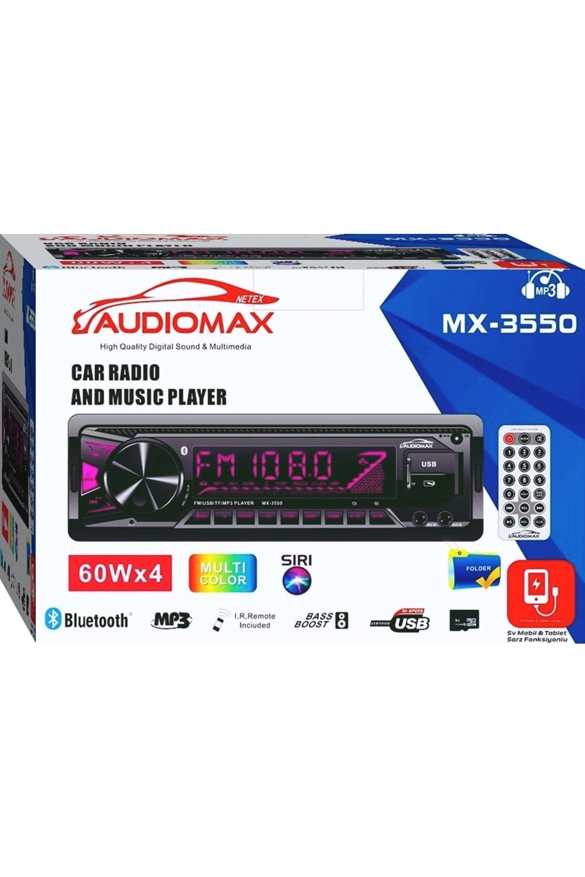 Audiomax Mx-3550bt Çift Usb Araba Oto Teyp Radyo Bluetooth Usb Aux Rgb Tuş Işığı 4*60 (YENİ KUTU)