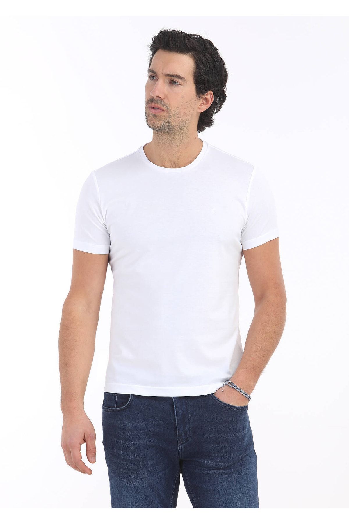 Ramsey Beyaz Düz Bisiklet Yaka %100 Pamuk T-shirt