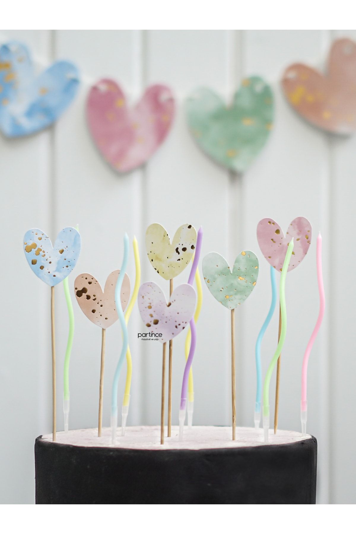 partince 3'lü Set Makaron Renklerde Kalp Pasta Süsü Banner Cake Topper Ve Spiral Mum Doğum Günü Parti Seti