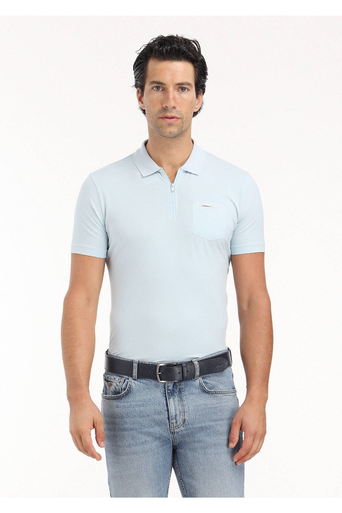 Ramsey Açık Mavi Düz Polo Yaka Pamuk Karışımlı T-shirt
