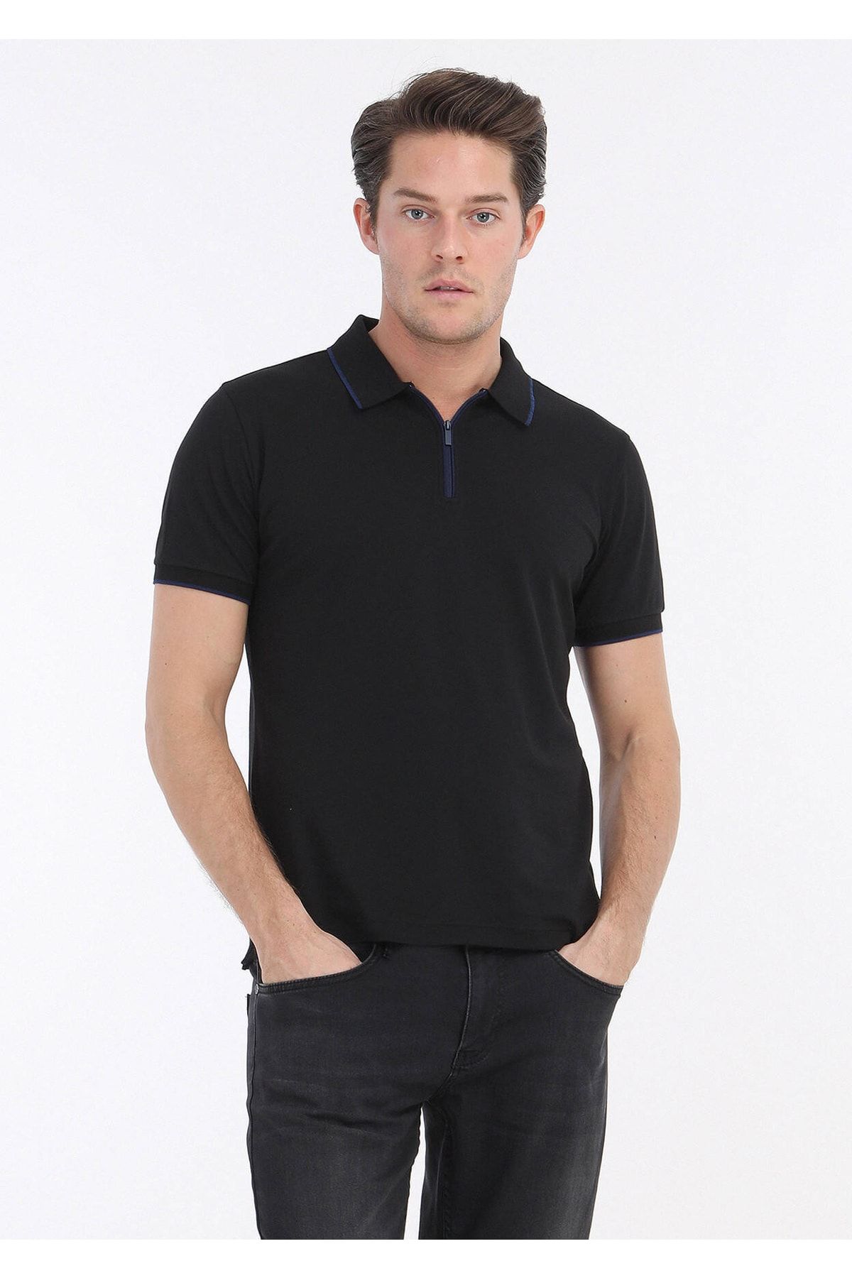 Ramsey Siyah Düz Polo Yaka Pamuk Karışımlı T-shirt