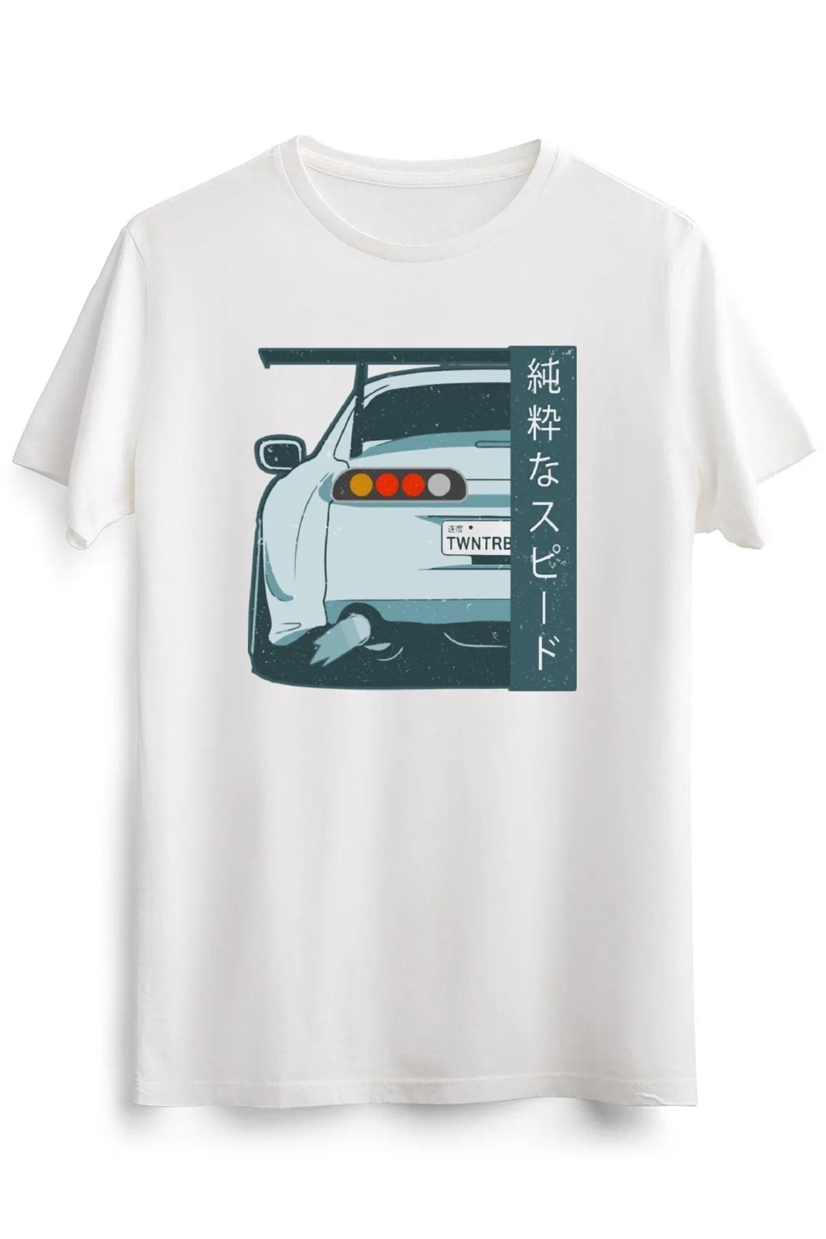 JDM Erkek Beyaz Pure Speed Kanji Street Race Distressed T-shirt Tişört