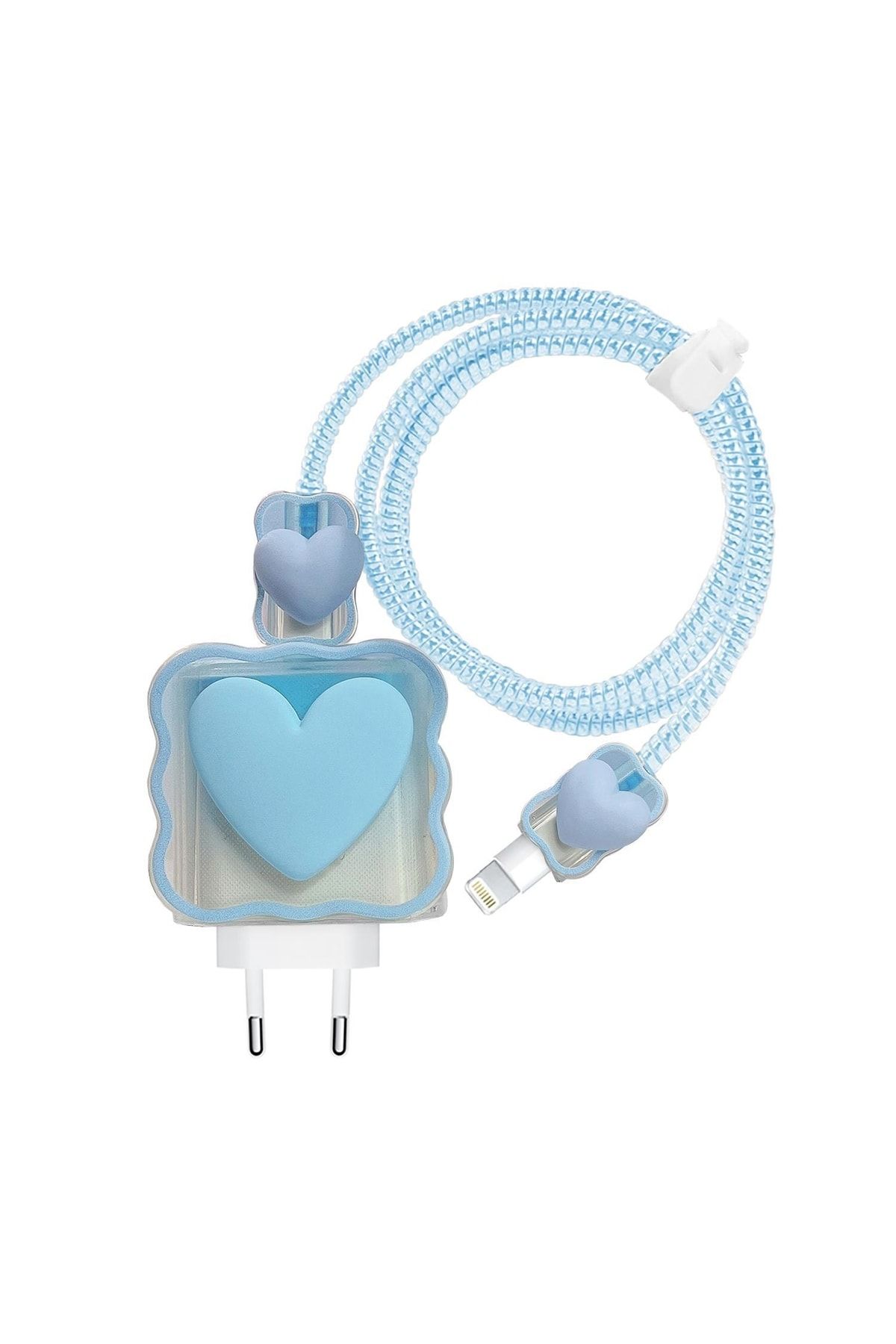 Microsonic Apple Iphone Kablo Koruyucu Ve Şarj Adaptör Kılıf Süslü Kalp Desenli Mavi