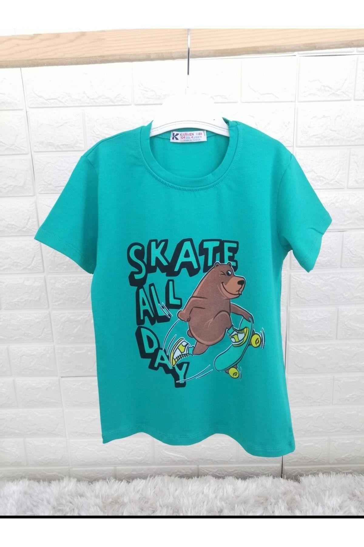 Karmen Erkek Çocuk Pamuklu Skate Baskılı Yeşil Kısa Kollu Tshirt