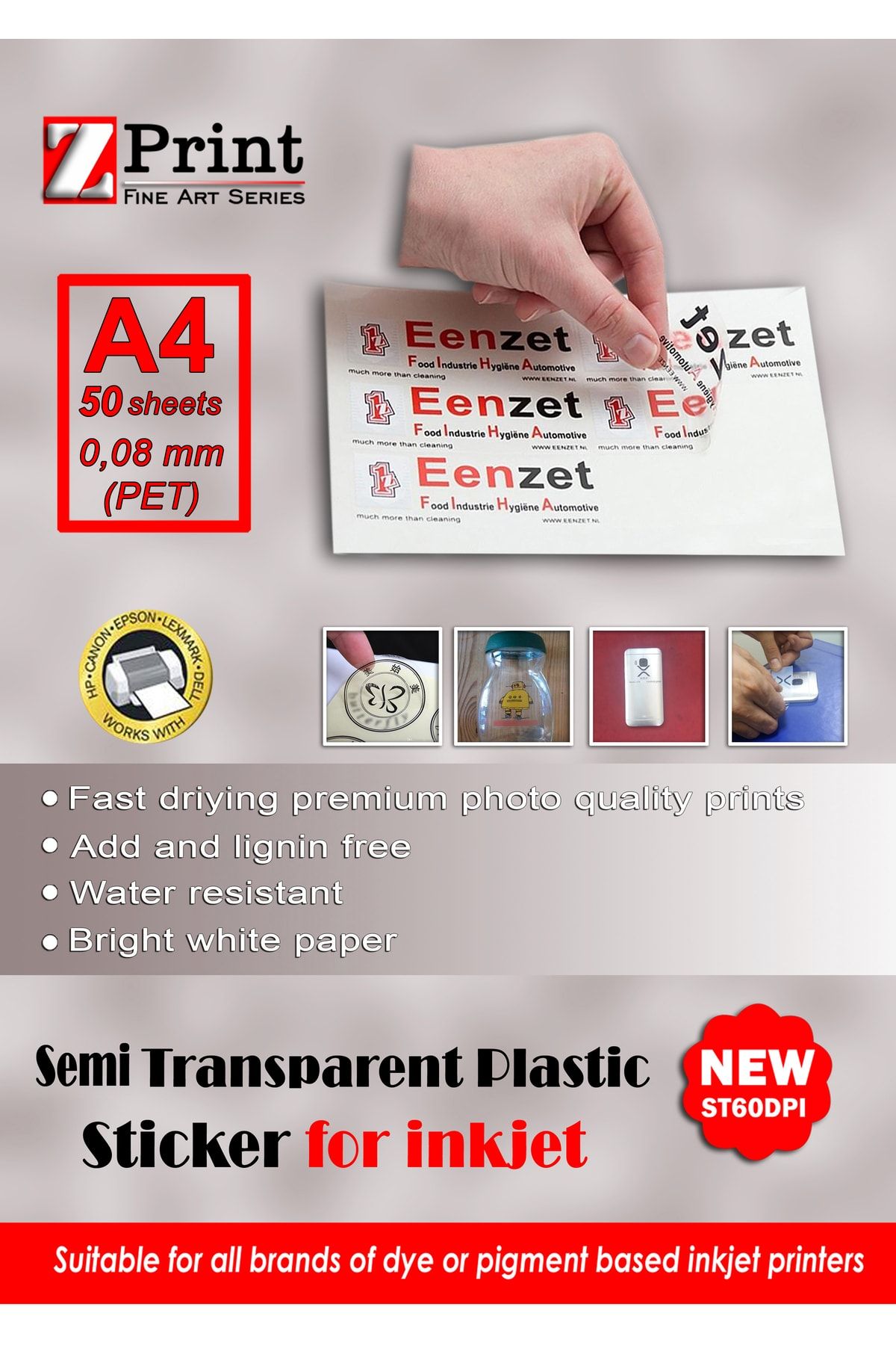 zprint Inkjet Yazıcılar Için Yarı Şeffaf Yapışkanlı Sticker Fotoğraf Kağıdı Yırtılmaz Plastik A4 50 Yaprak