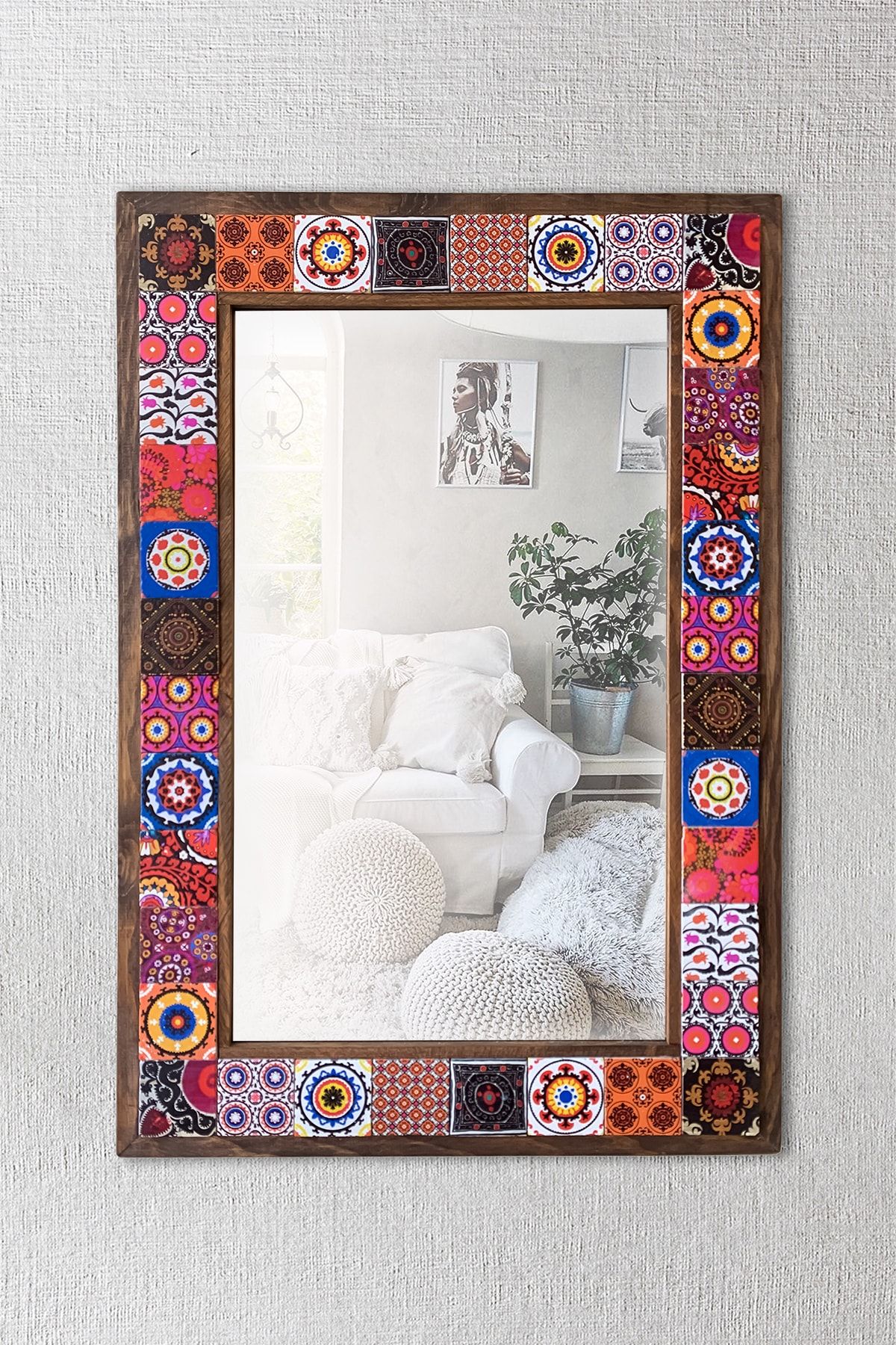 Pinecone Mozaik Taş Duvar Aynası, Ahşap Çerçeveli Dekoratif Ayna, Salon Konsol Boy Aynası Wall Mirror 43x63cm