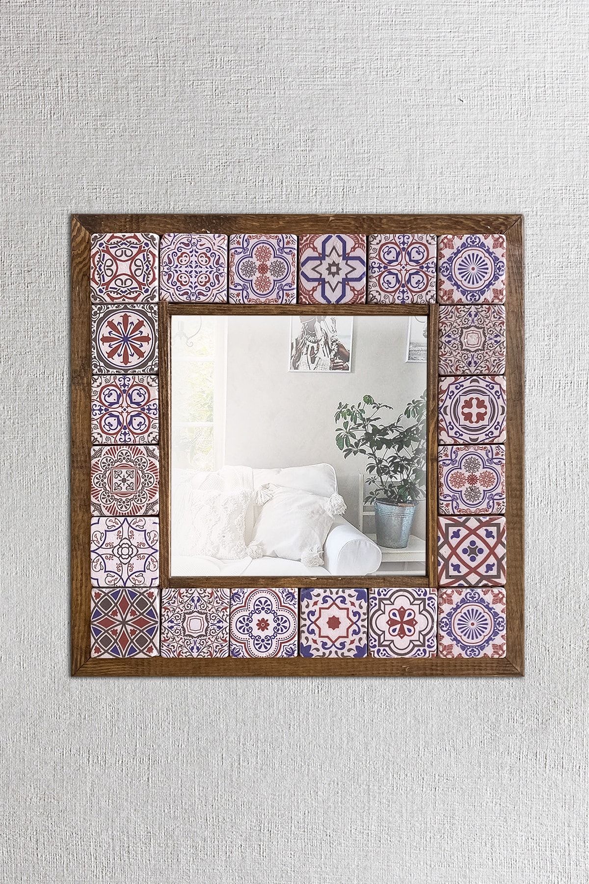 Pinecone Mozaik Taş Duvar Aynası, Ahşap Çerçeveli Dekoratif Ayna, Salon Konsol Aynası, Wall Mirror 33x33cm