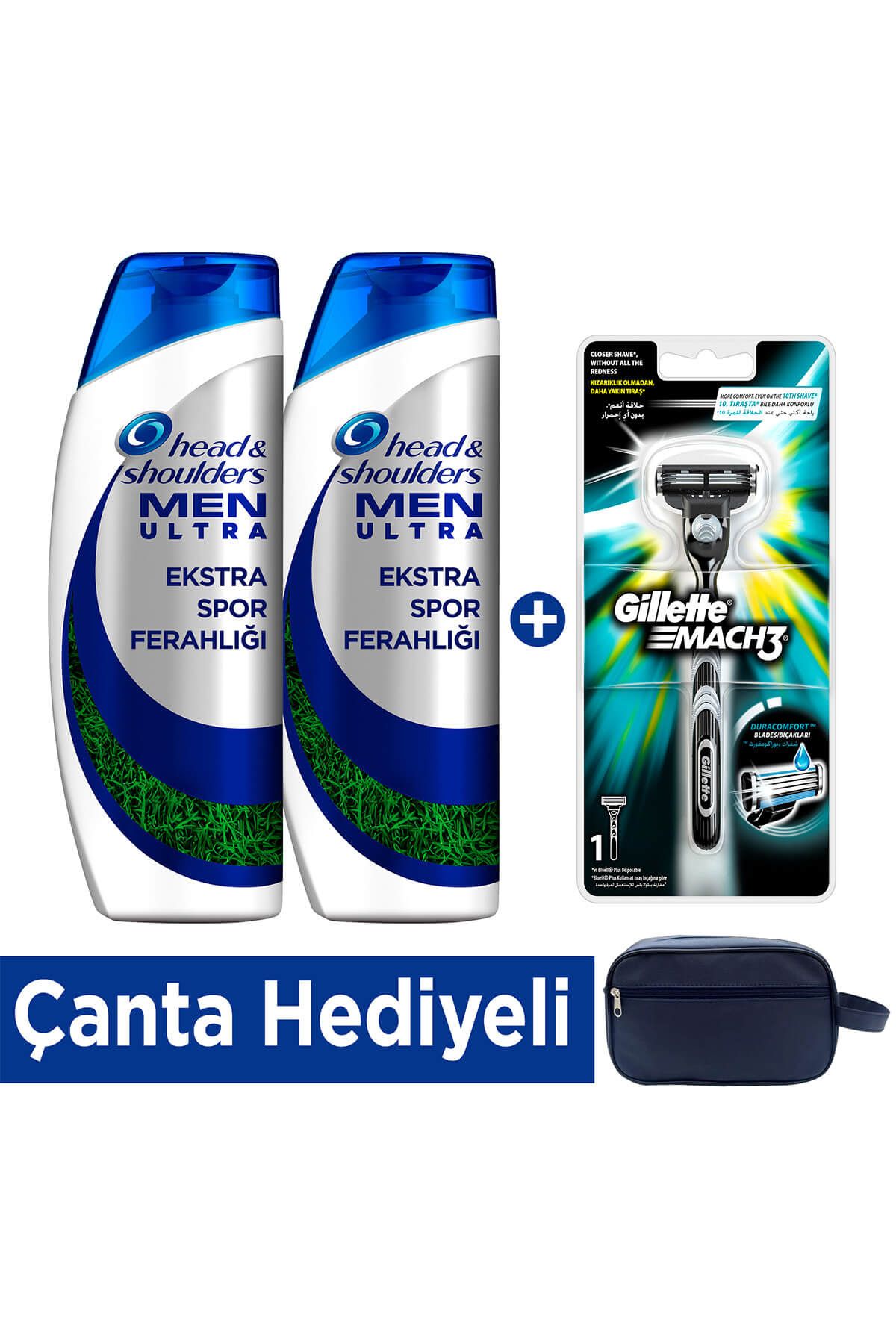 Gillette Men Ultra Ekstra Spor Ferahlığı Şampuan 2 x 500 ml + Mach 3 Tıraş Makinesi (Çanta Hediyeli)