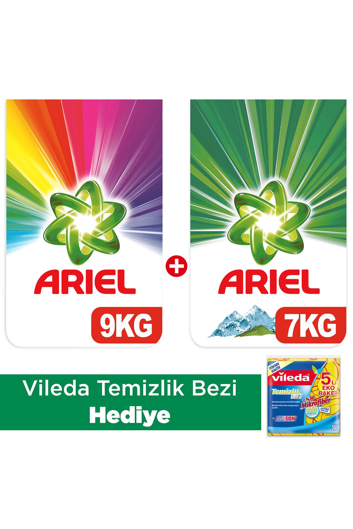Ariel Toz Çamaşır Deterjanı Dağ Esintisi 7 kg + Parlak Renkler 9 kg (Vileda Temizlik Bezi HEDİYE!)