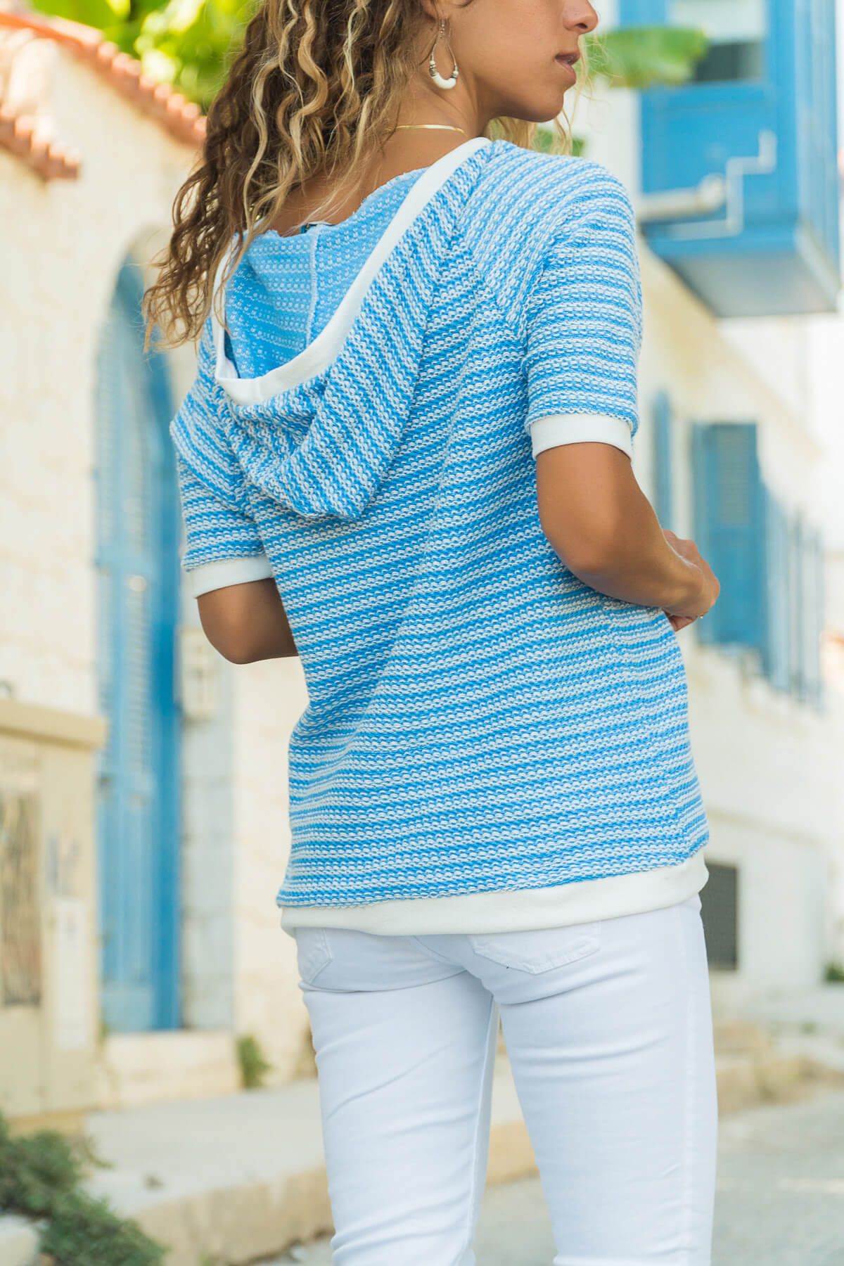 Trend Alaçatı Stili Kadın Mavi Kapüşonlu Triko Bluz ALC-015-060
