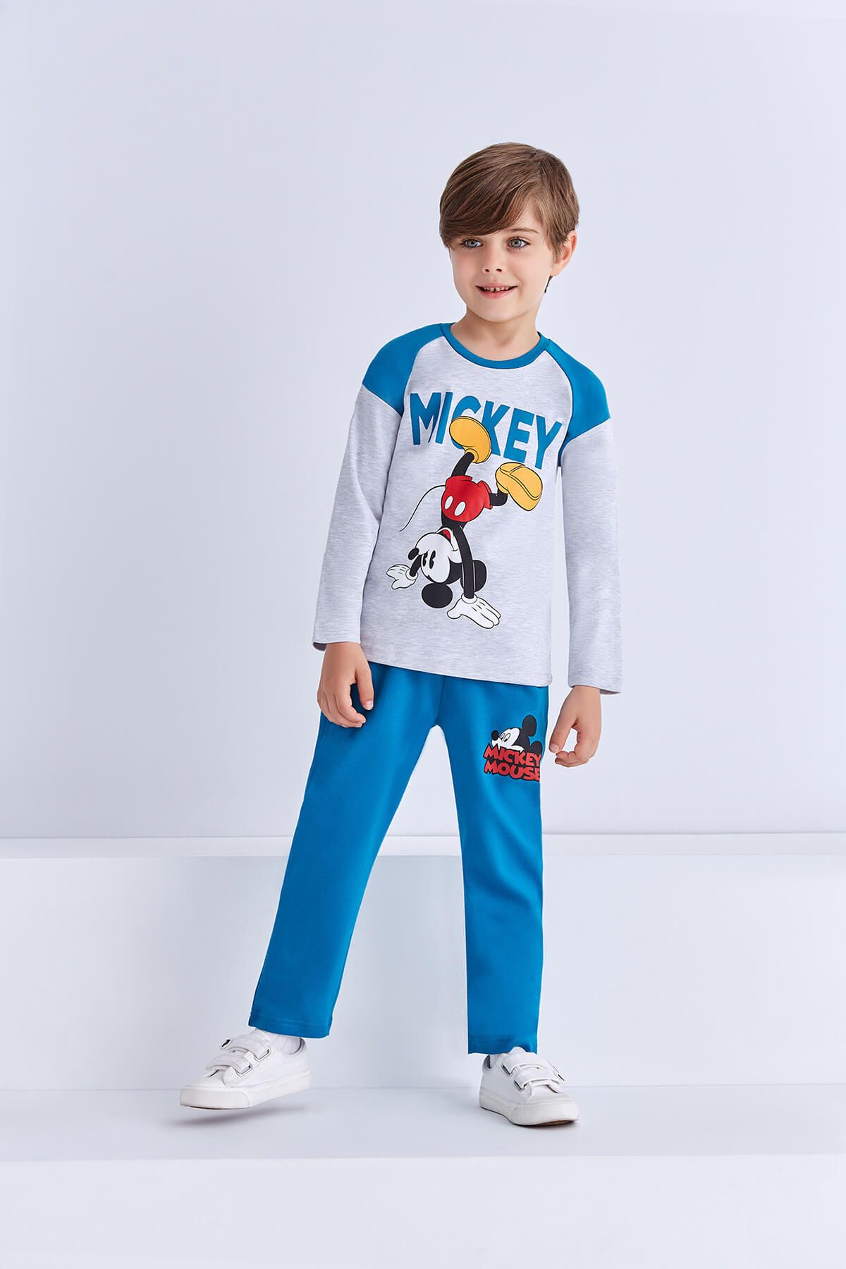 Mickey Mouse Mickey & Minnie Mouse Lisanslı Erkek Çocuk Pijama Takımı Açık Gri