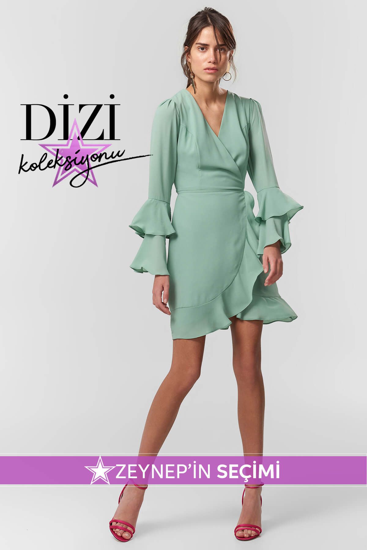 TRENDYOLMİLLA Yeşil Fırfırlı Kruvaze Elbise TOFSS18LL0035