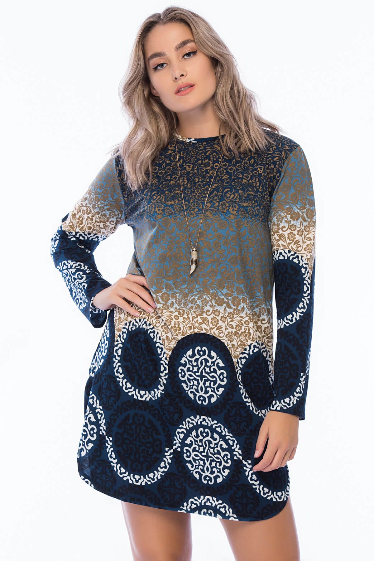 Alesia Kadın Lacivert Desenli Krep Tunik-Elbise FRZ005