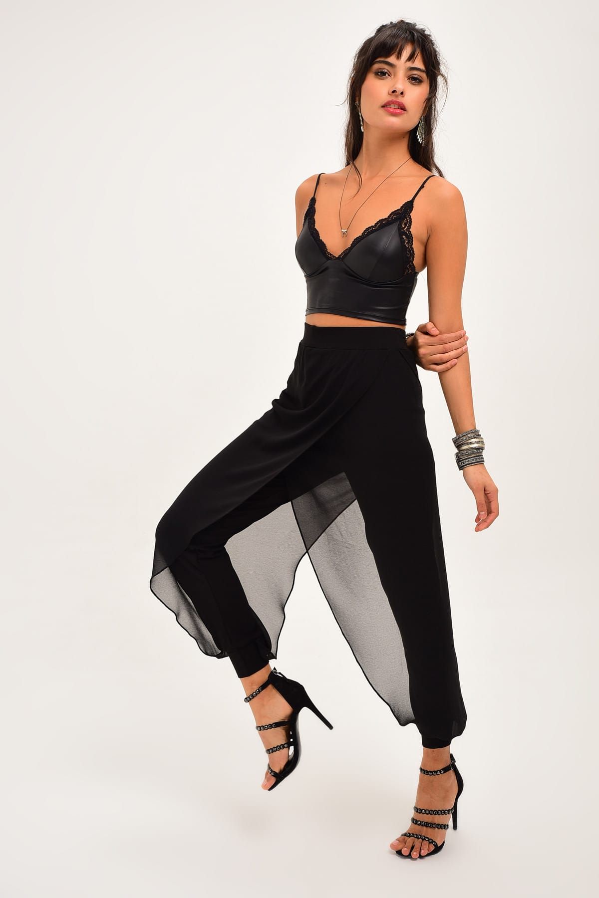 Cool & Sexy Kadın Siyah Üstü Tül Şalvar Pantolon BK586