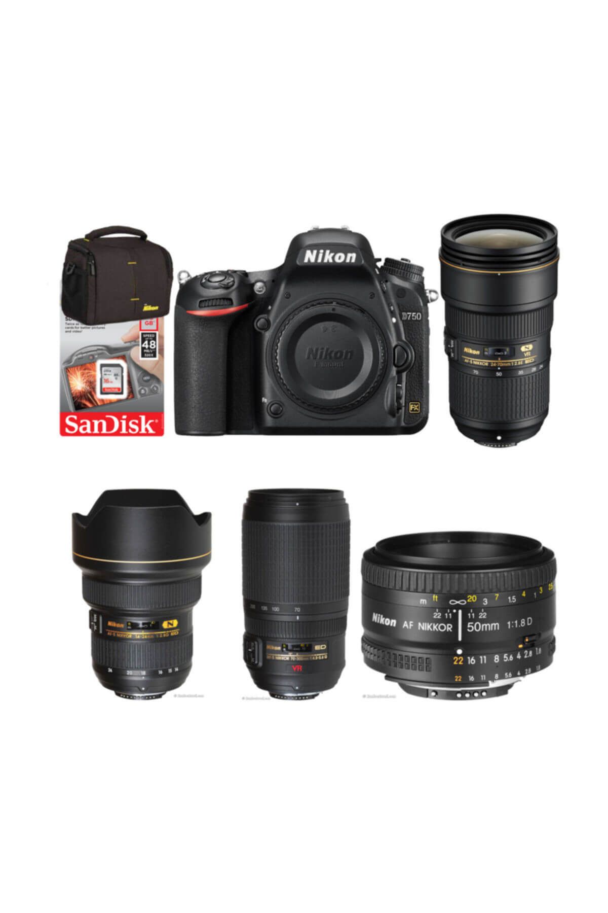 Nikon D750 + 24-70 F 2.8 + 14-24 F 2.8 + 70-300 VR + 50 F 1.8 + Hafıza Kartı +Çanta