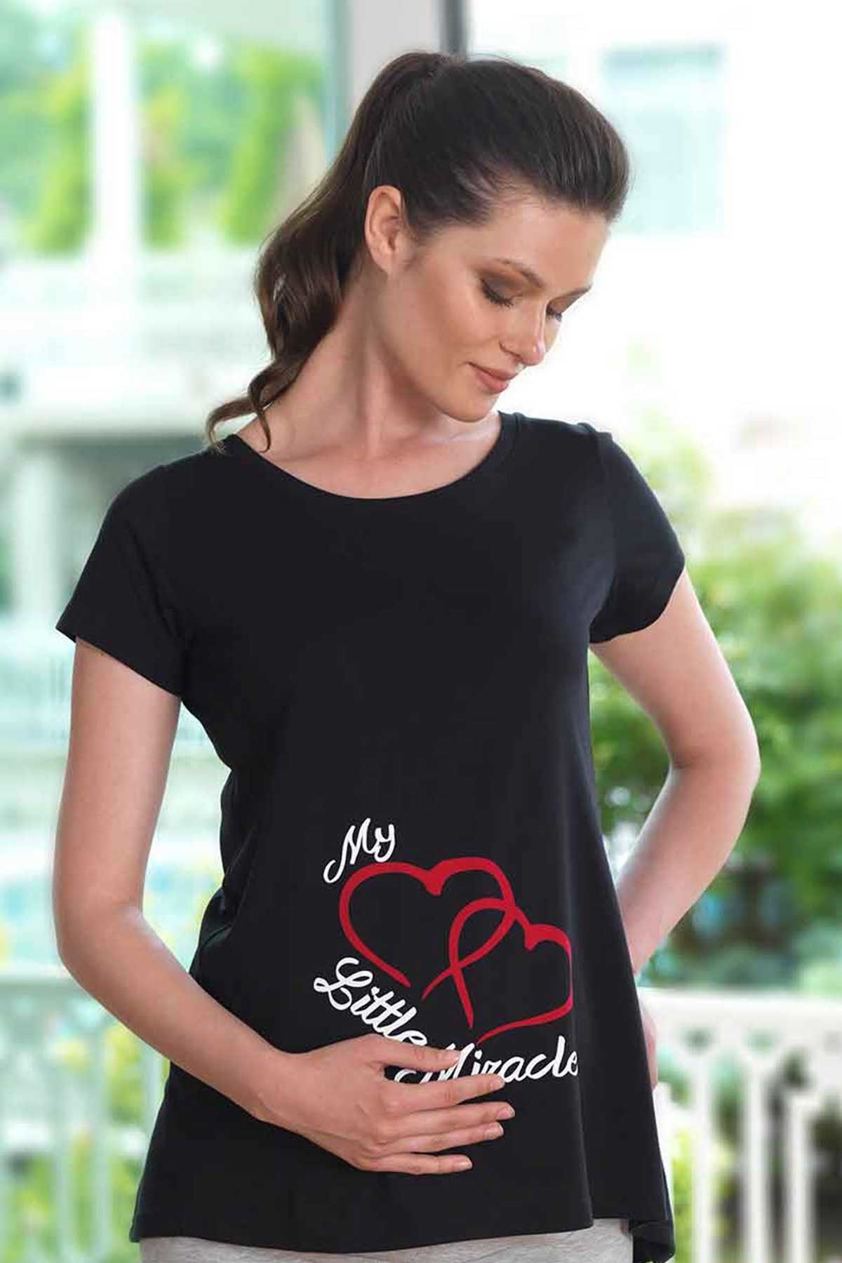 Şahinler Kadın Siyah Kalp Baskılı Lohusa T-Shirt Mb4508