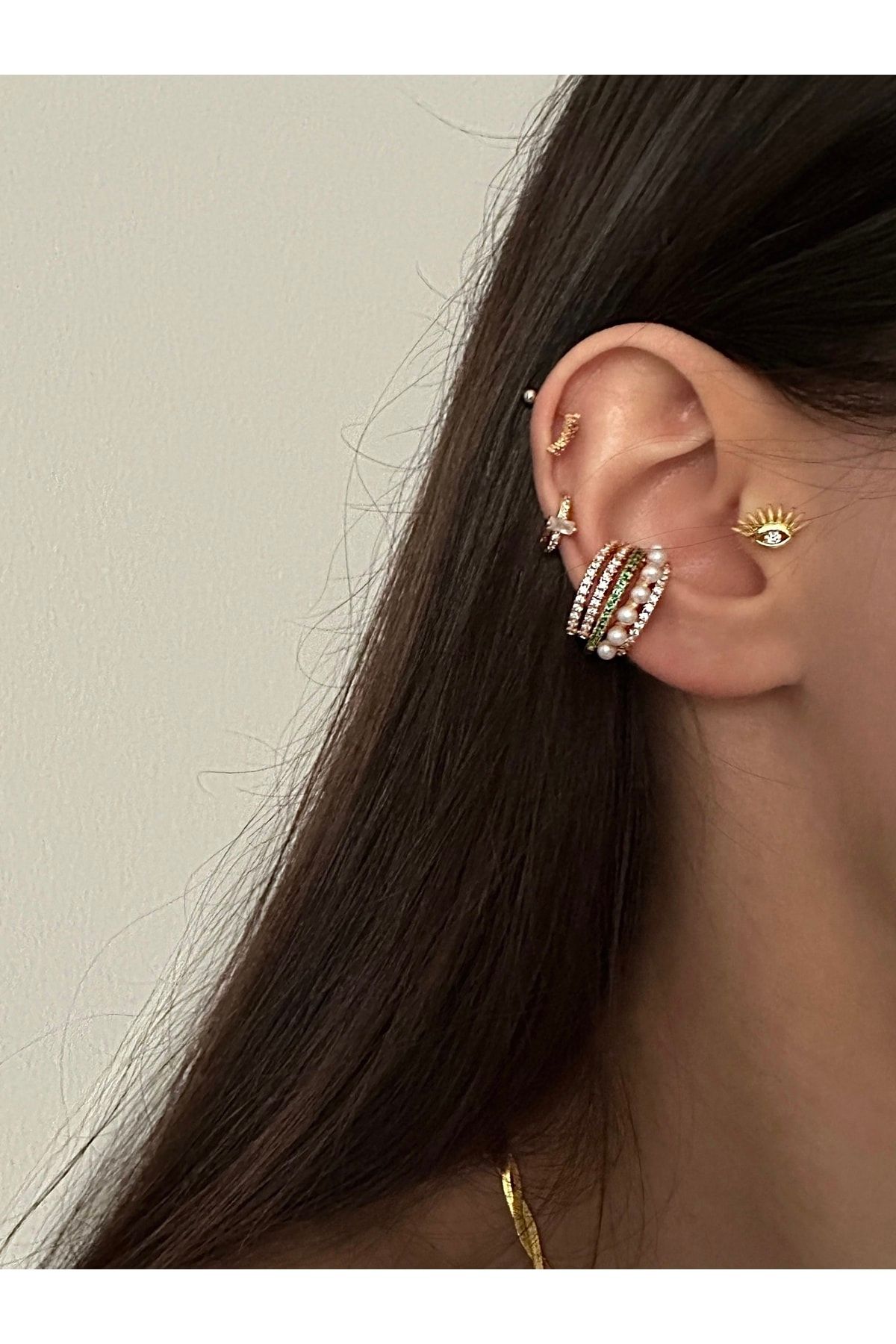 Okko Store Kadın Kalın Incili Kıkırdak Küpe Earcuff