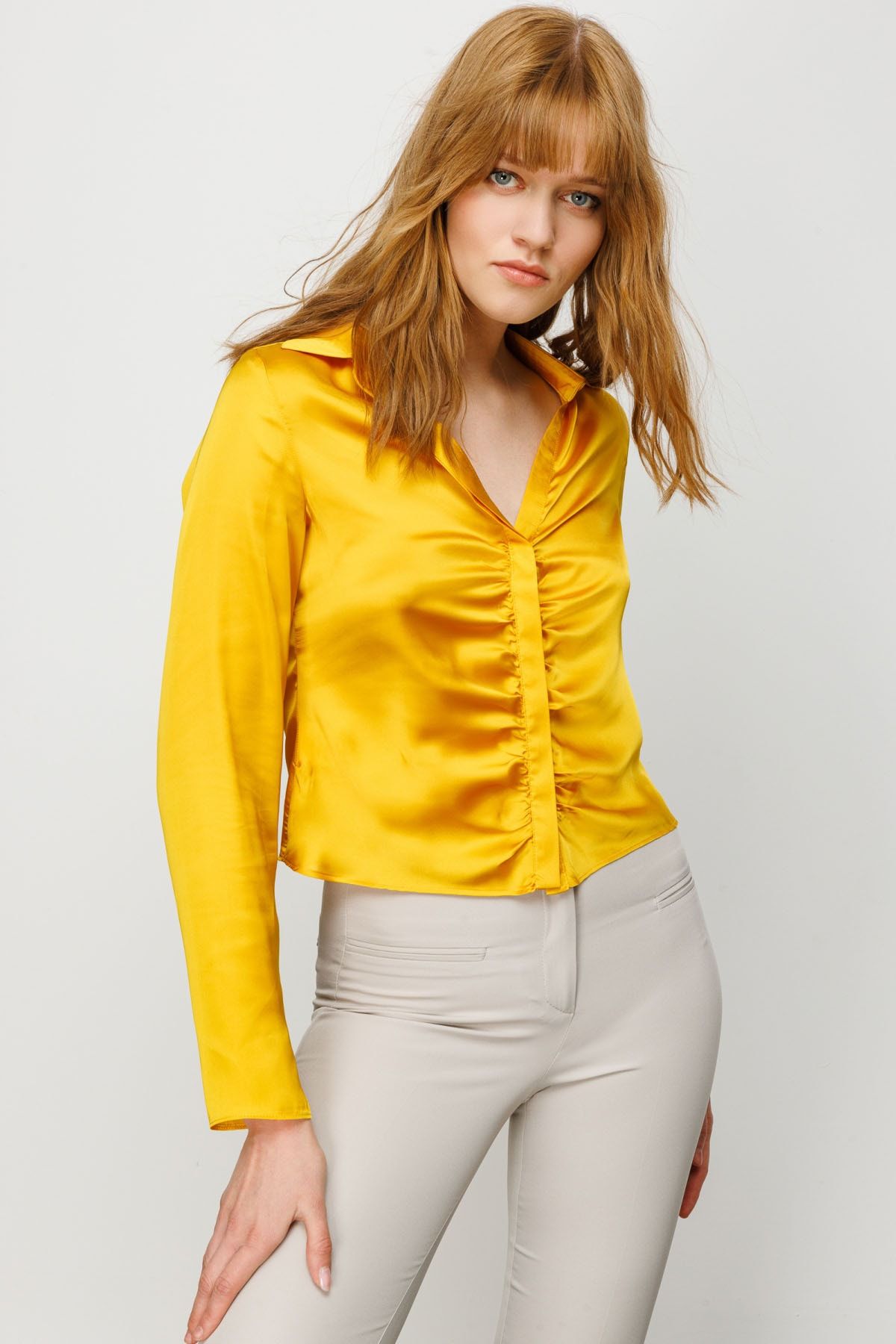 Ekol Kadın Önü Büzgülü Kısa Gömlek 5012 Sarı