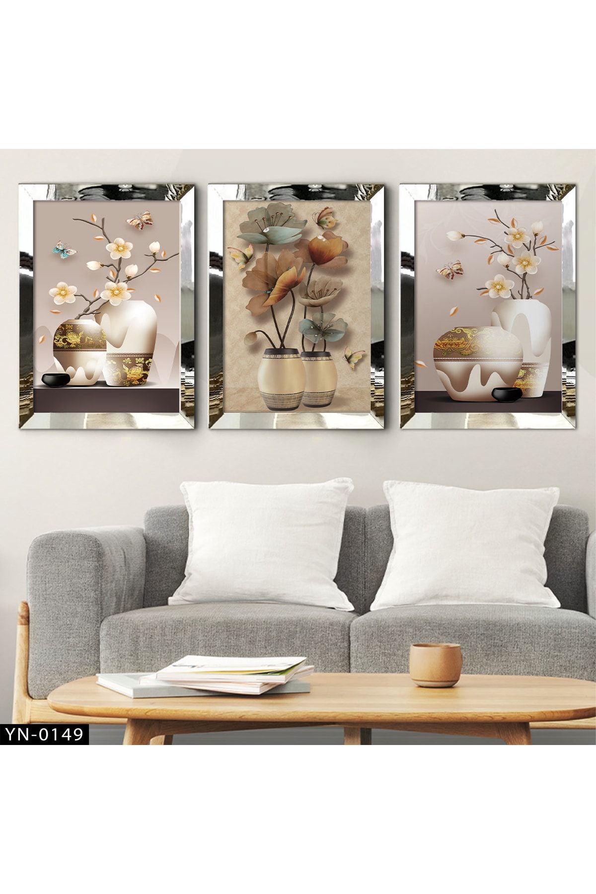 hanhomeart Üç Boyutlu Güller - Gold Ayna Çerçeveli Tablo 3 Parça Set
