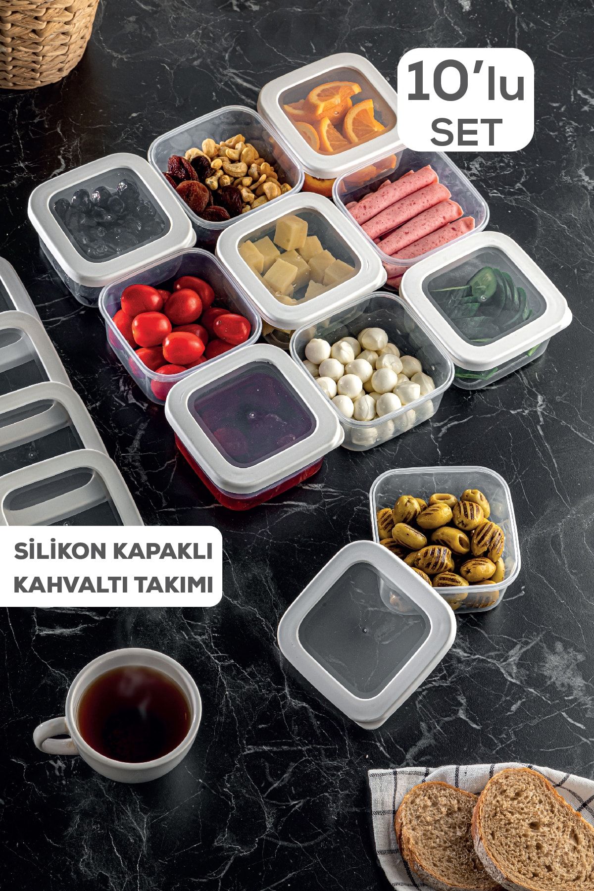Meleni Home 10'lu Set Perla Silikon Kapaklı Kare Kahvaltılık Seti - Kahvaltı Saklama Kabı Beyaz
