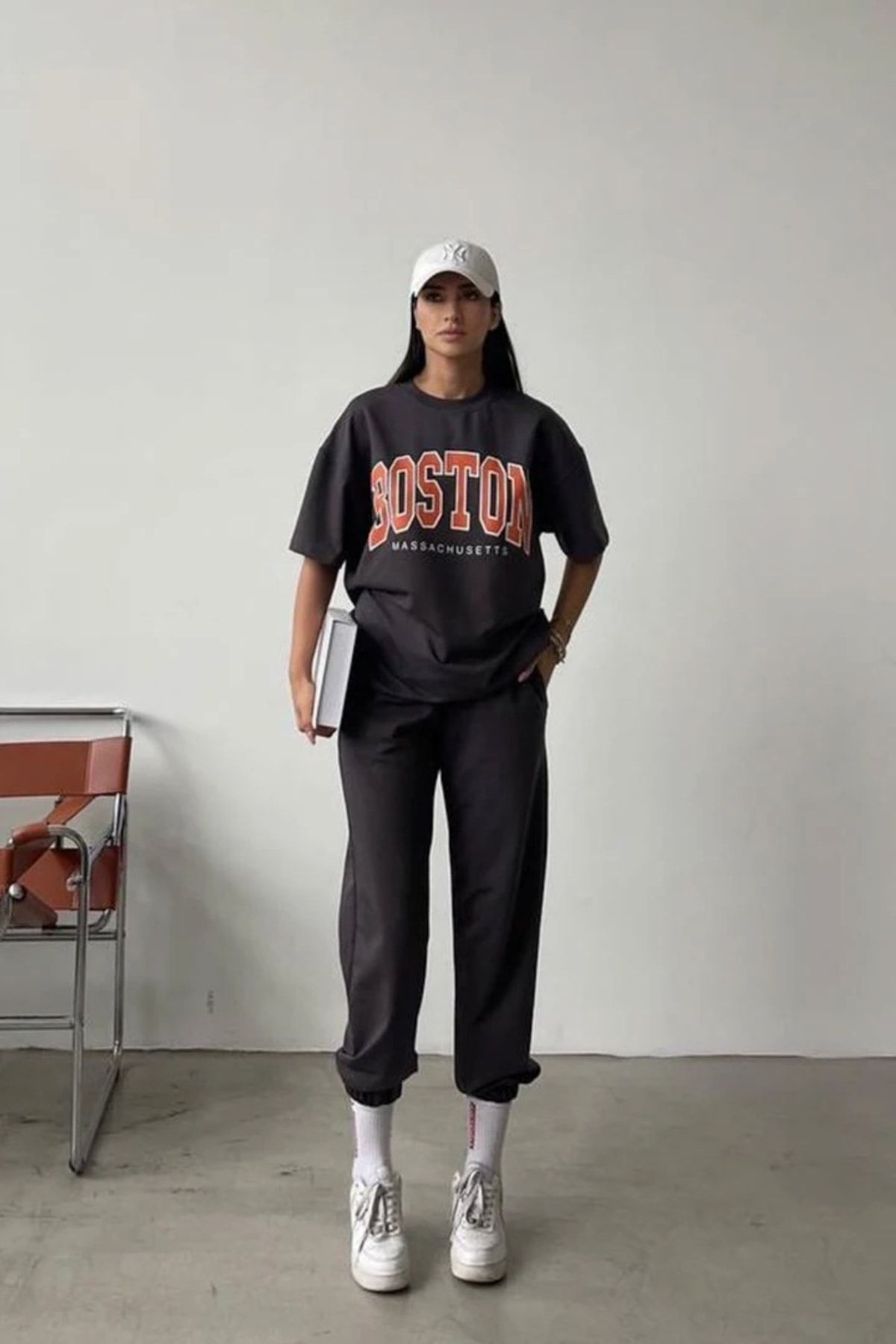 DUBU BUTİK Boston T-shirt Eşofman Altı Jogger - Füme Baskılı Alt Üst Eşofman Takımı Oversize Bisiklet Yaka