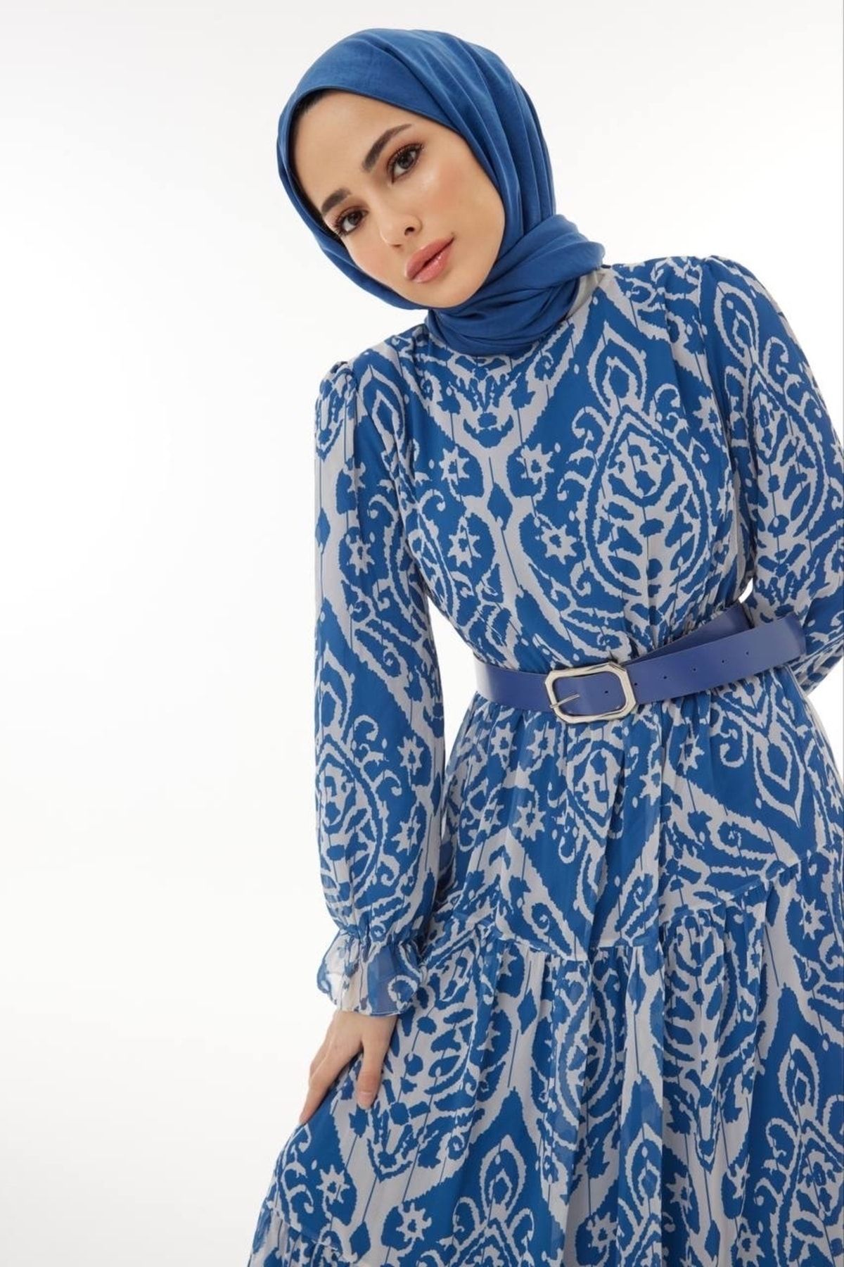 She Olive Yaren Tesettür Şifon Elbise Mavi