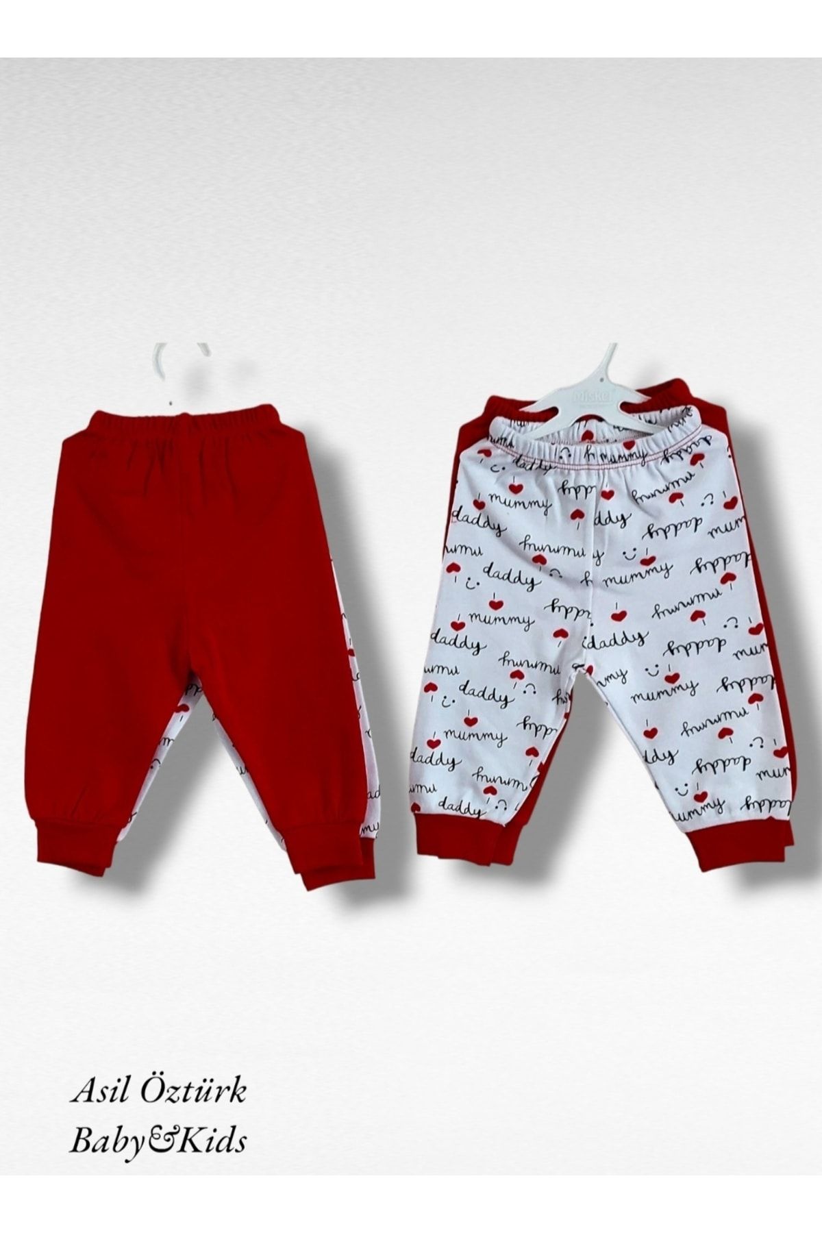 Misket Bebek Unisex Mummy Daddy Baskılı 2'li Tek Alt Kırmızı Beyaz Renk Pijama