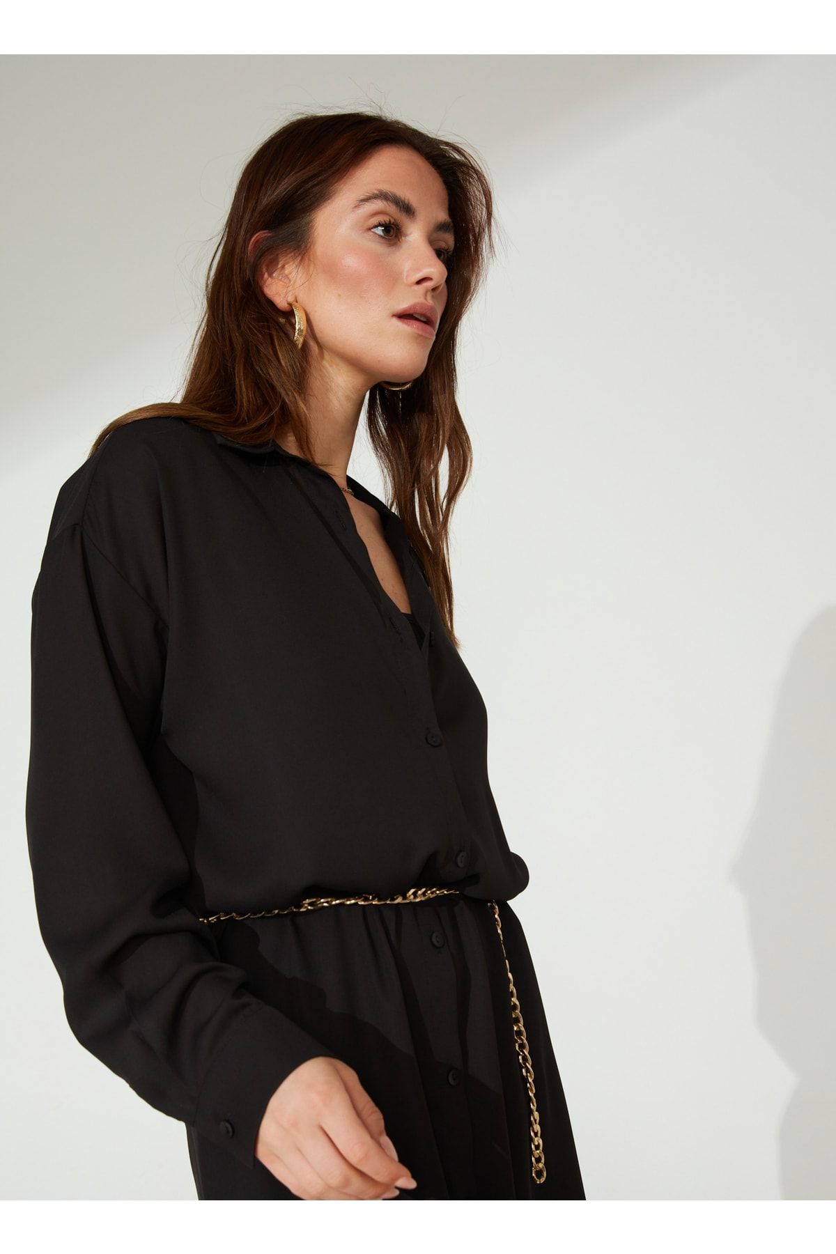 People By Fabrika Gömlek Yaka Düz Siyah Midi Kadın Elbise Mikro