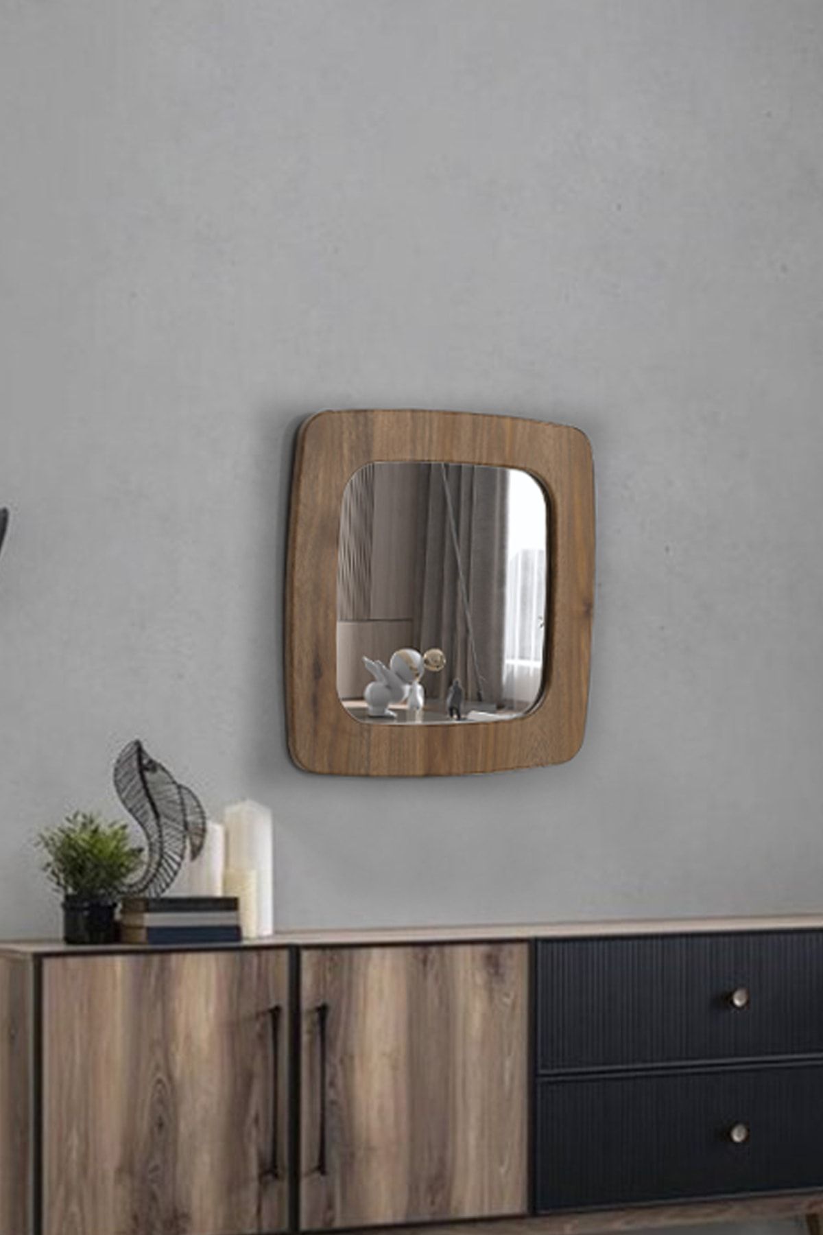 FAYMEND Dekoratif Mdf Çerçeveli Duvar Ayna - Salon Ayna - Banyo Ayna - Ofis Ayna '36cm Ceviz'