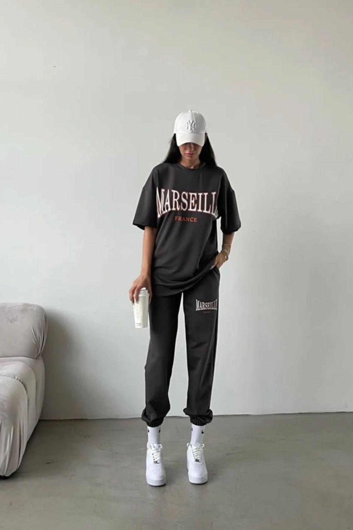 DUBU BUTİK Marseille T-shirt Eşofman Altı Jogger - Füme Baskılı Alt Üst Eşofman Takımı Oversize Bisiklet Yaka