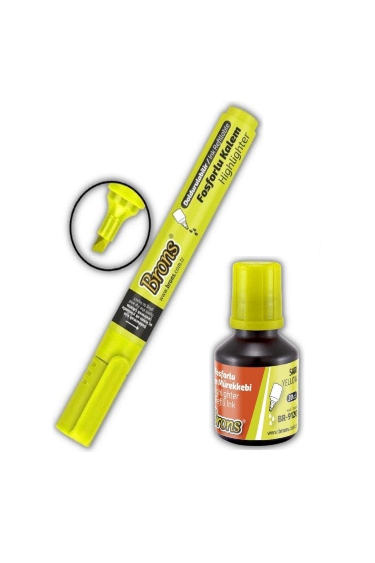 Brons Doldurulabilir Sarı Fosforlu Kalem Ve 30cc Mürekkebi