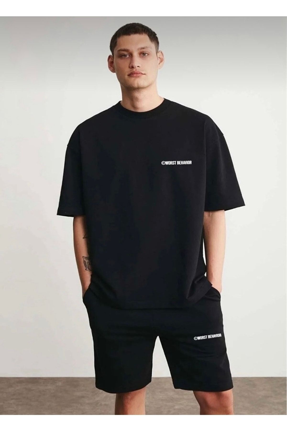 SANTAMİNA Unisex Siyah Worst Behavıor Baskılı Alt Üst Şort T-shirt Takım
