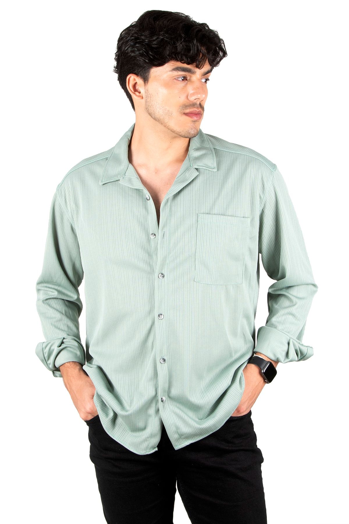 DeepSea Erkek Yeşil Çizgi Desenli Tek Cepli Uzun Kollu Likralı Örme Kumaş Slim Fit Gömlek 2300514