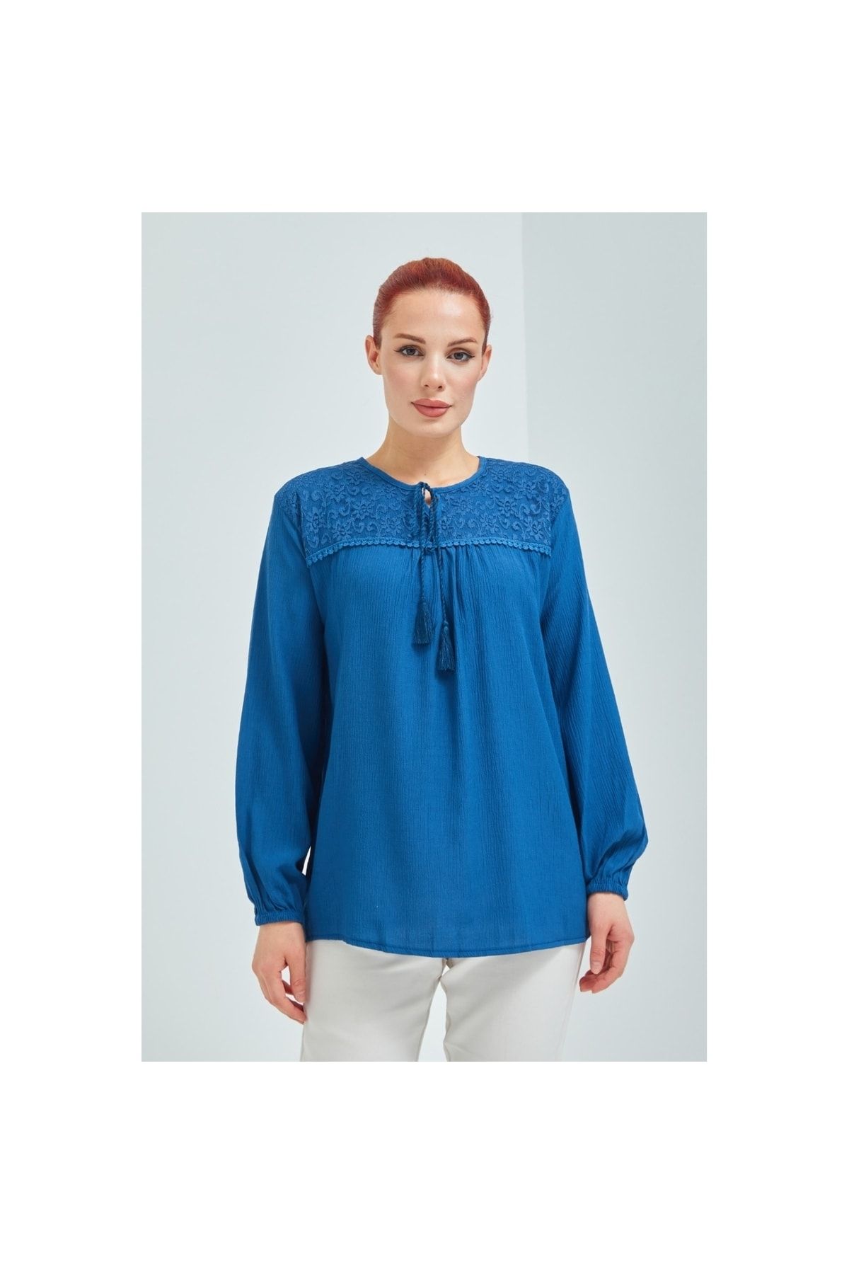 Fresh&Moda Kadın Indigo Mavisi Şile Bezi Anne Penye Bluz
