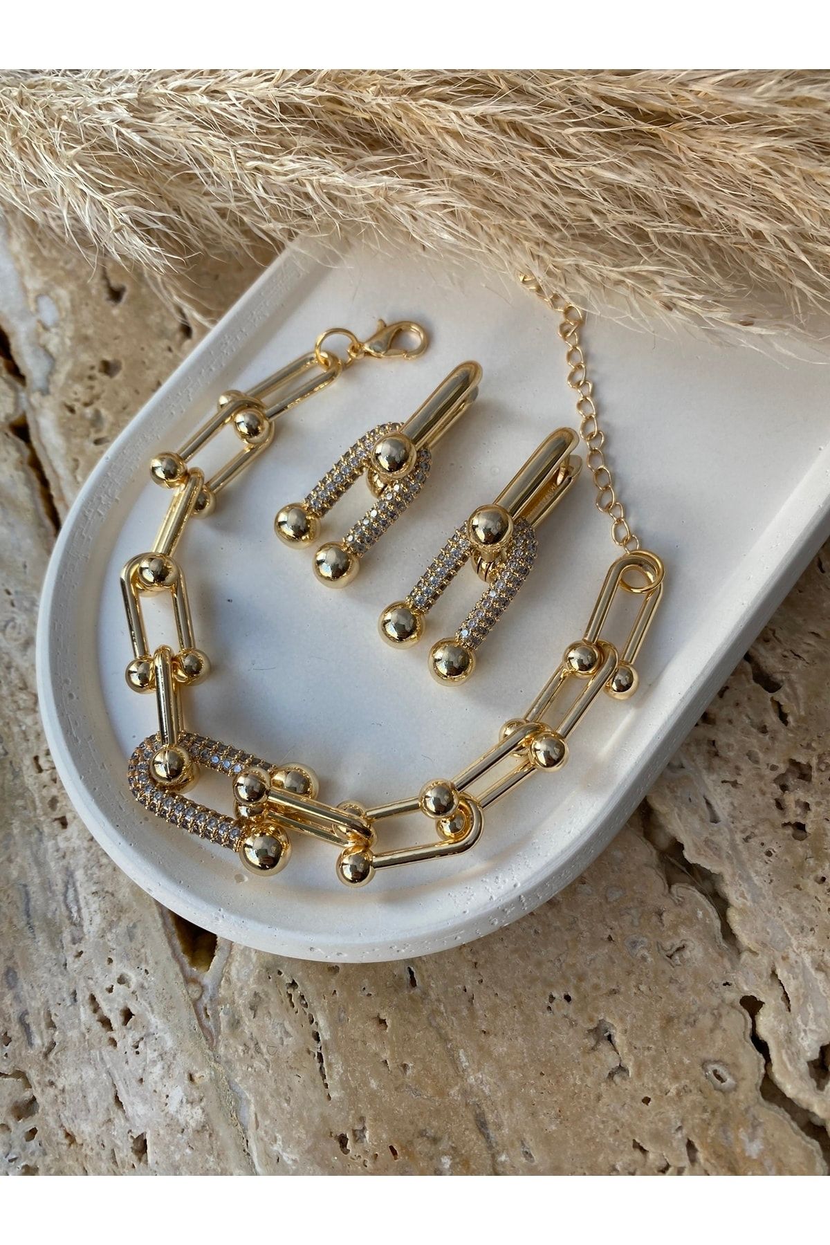mrise Kalın Zincirli Taşlı Tiffany Model Kolye Küpe Bileklik Set