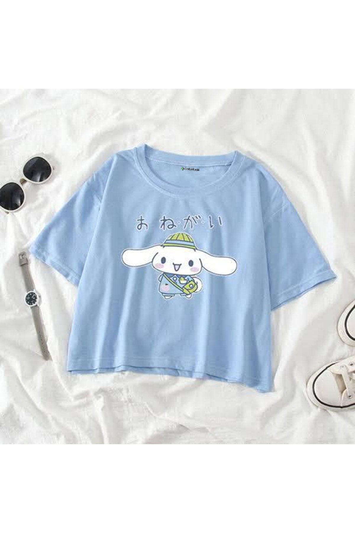 Köstebek Anime Sanrio Mavi Kısa Kollu Yarım Tshirt