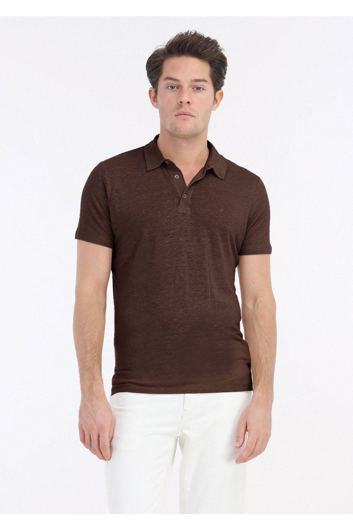 Ramsey Kahverengi Düz Polo Yaka %100 Keten T-shirt