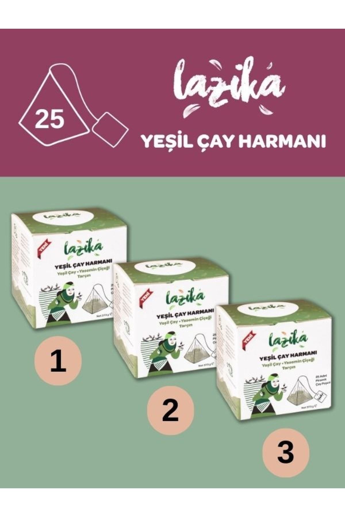 LAZİKA (3'LÜ SET) Yeşil Harman-yeşil Çay - Yasemin-tarçın , Piramit Poşet