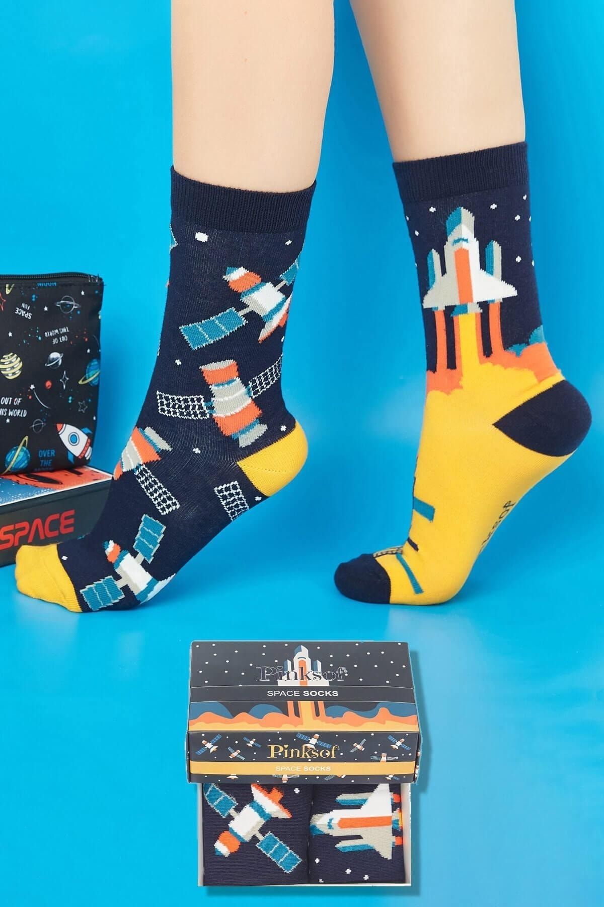Pijamaevi Kutulu 2 Çift - Uzay Desenli - Kadın Soket Çorap - Kokulu Kaliteli