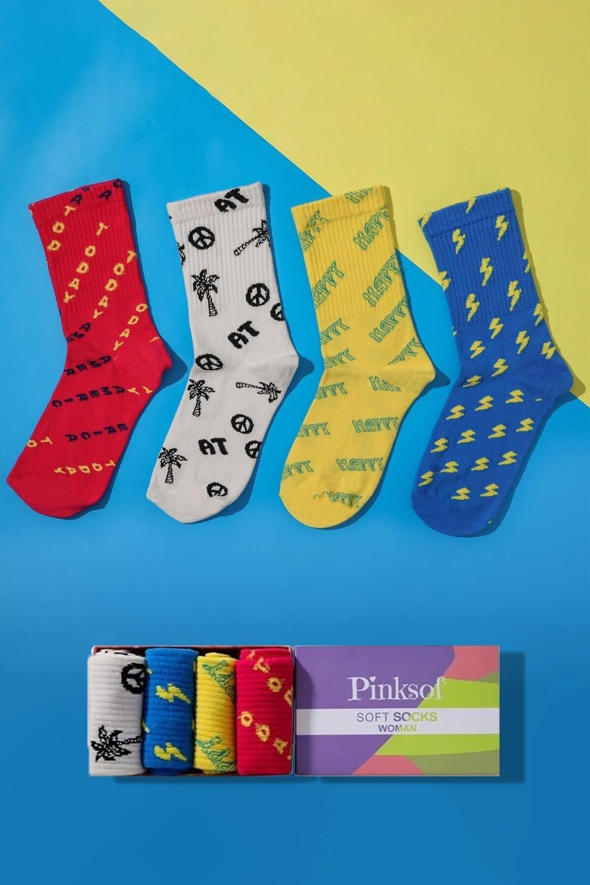 Pijamaevi Kutulu 4 Çift - Color Desenli - Kadın Soket Çorap - Kokulu Kaliteli