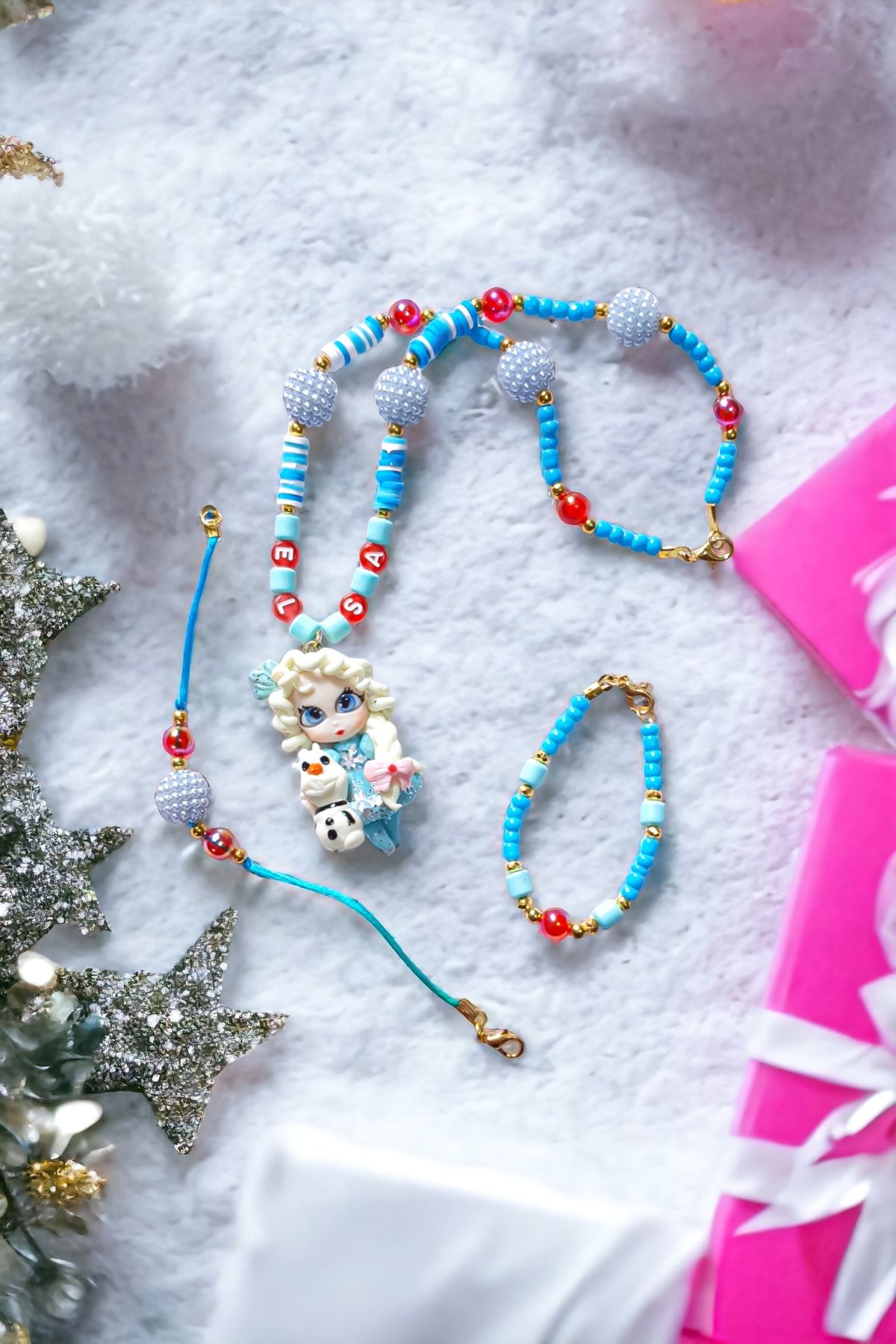 Fiyonka Handmade Creations Elsa Figür Bebekli Boncuklu Kız Çocuk Kolye Bileklik Takımı