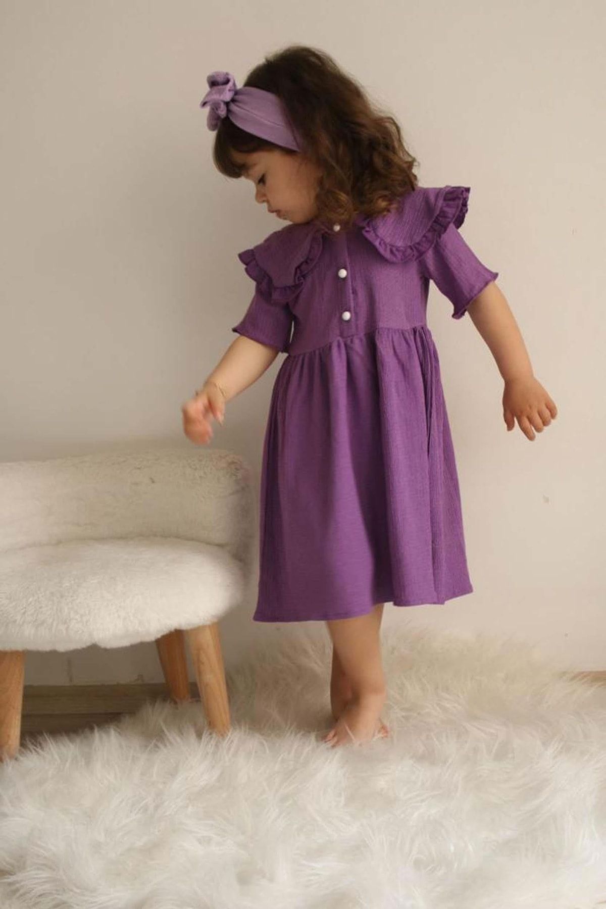 MİNİKO KİDS Kız Çocuk Önden Düğmeli Yaka Modelli Elbise