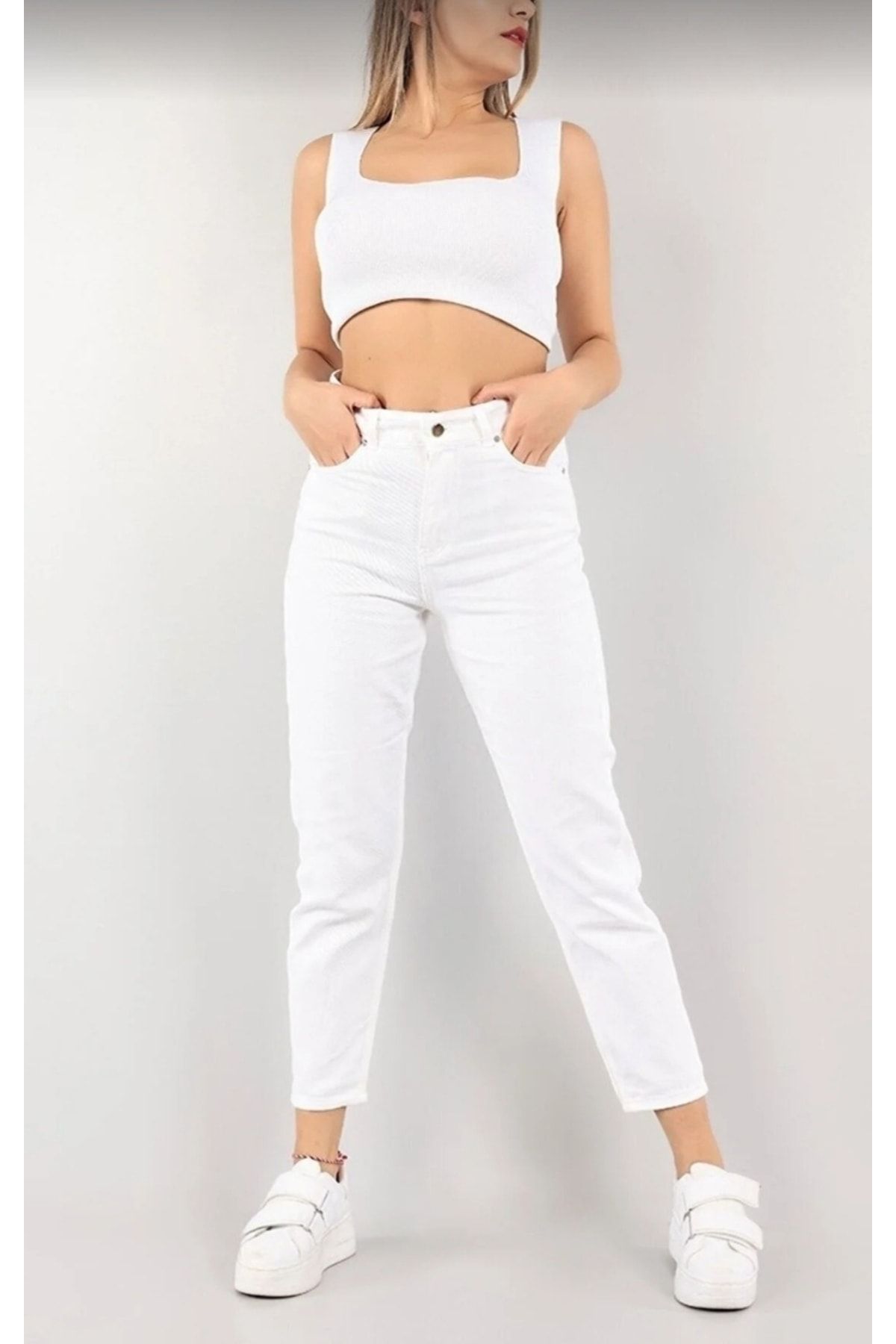 MAKRAS EXCLUSIVE Julia 90&#39;s Kadın Jeans Beyaz Yüksek Bel Likralı Mom Jeans Kot Pantolon