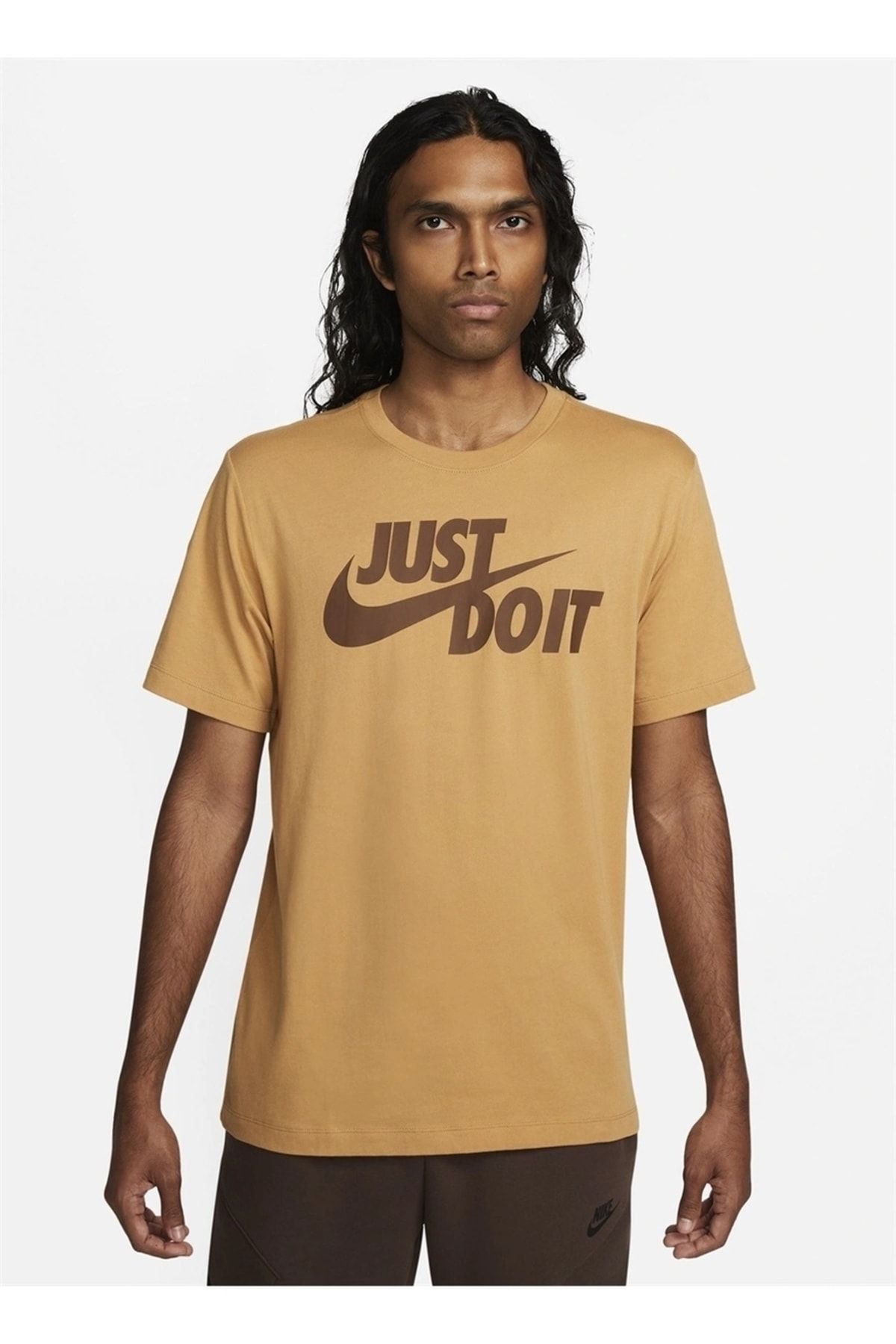 Nike Bisiklet Yaka Baskılı Sarı - Altın Erkek T-shirt Ar5006-722 M Tee Just Do It Swoosh